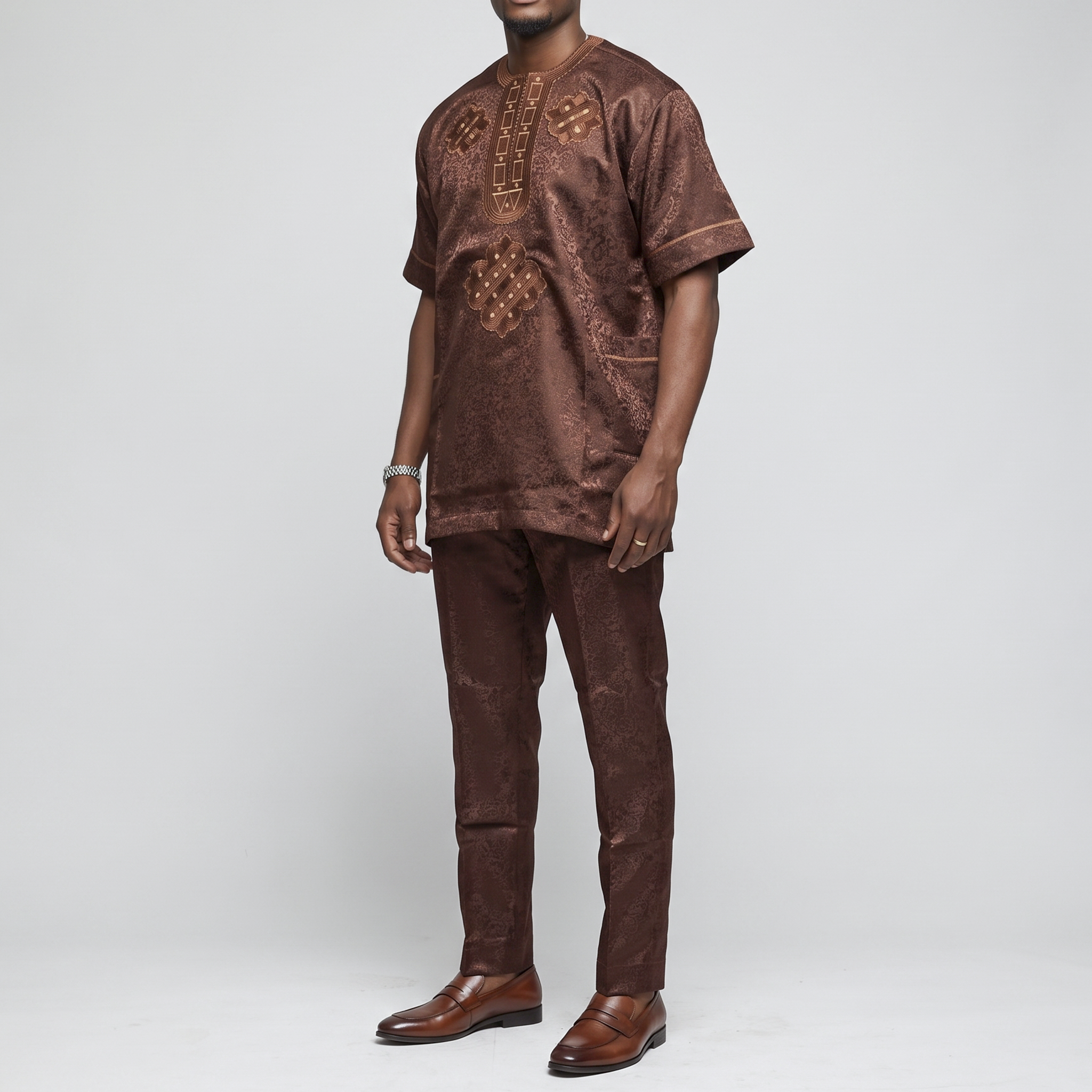 Regal Chocolate Brown Damask Embroidered Senator Suit