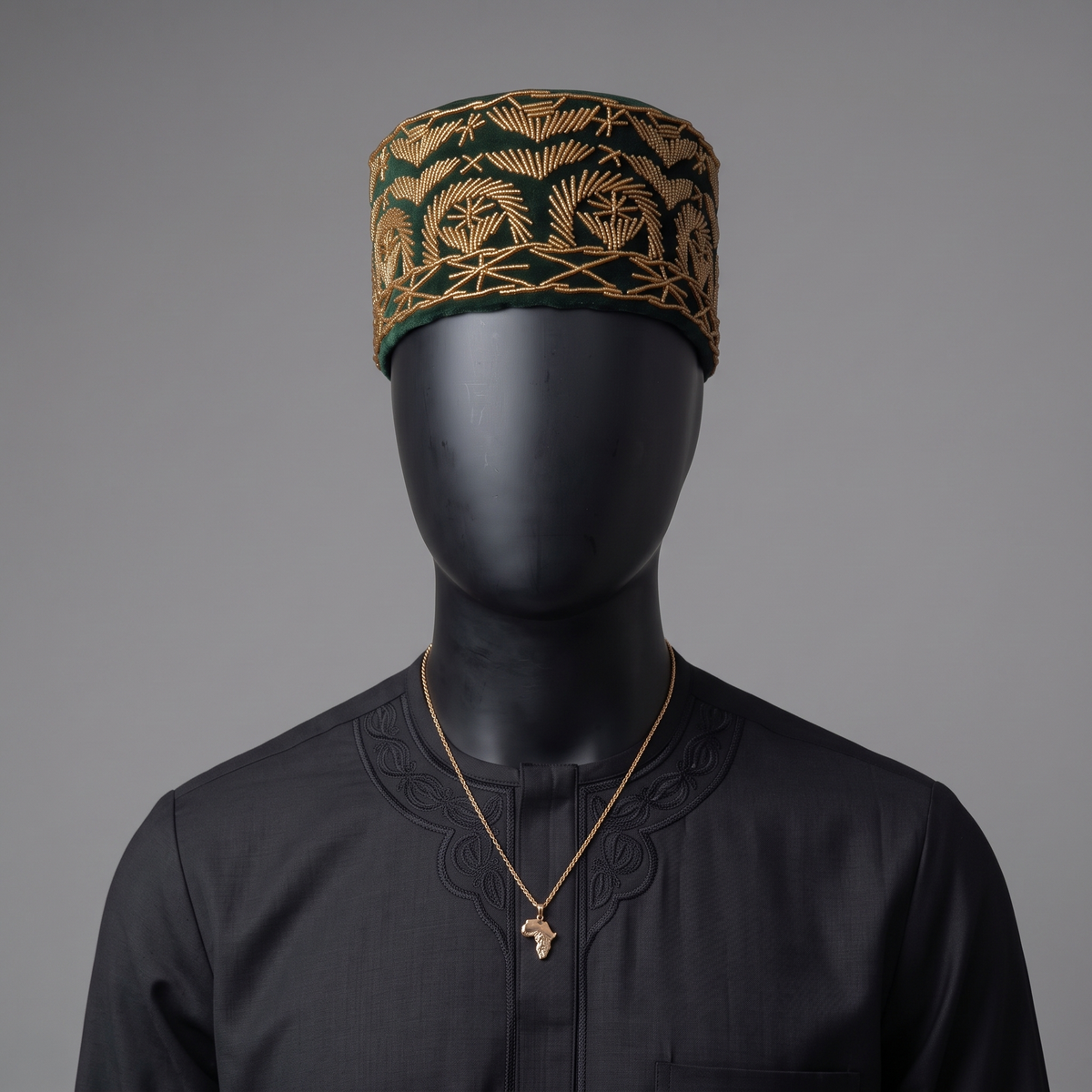Forest Green Velvet Cap with Abstract Gold Beaded Motif