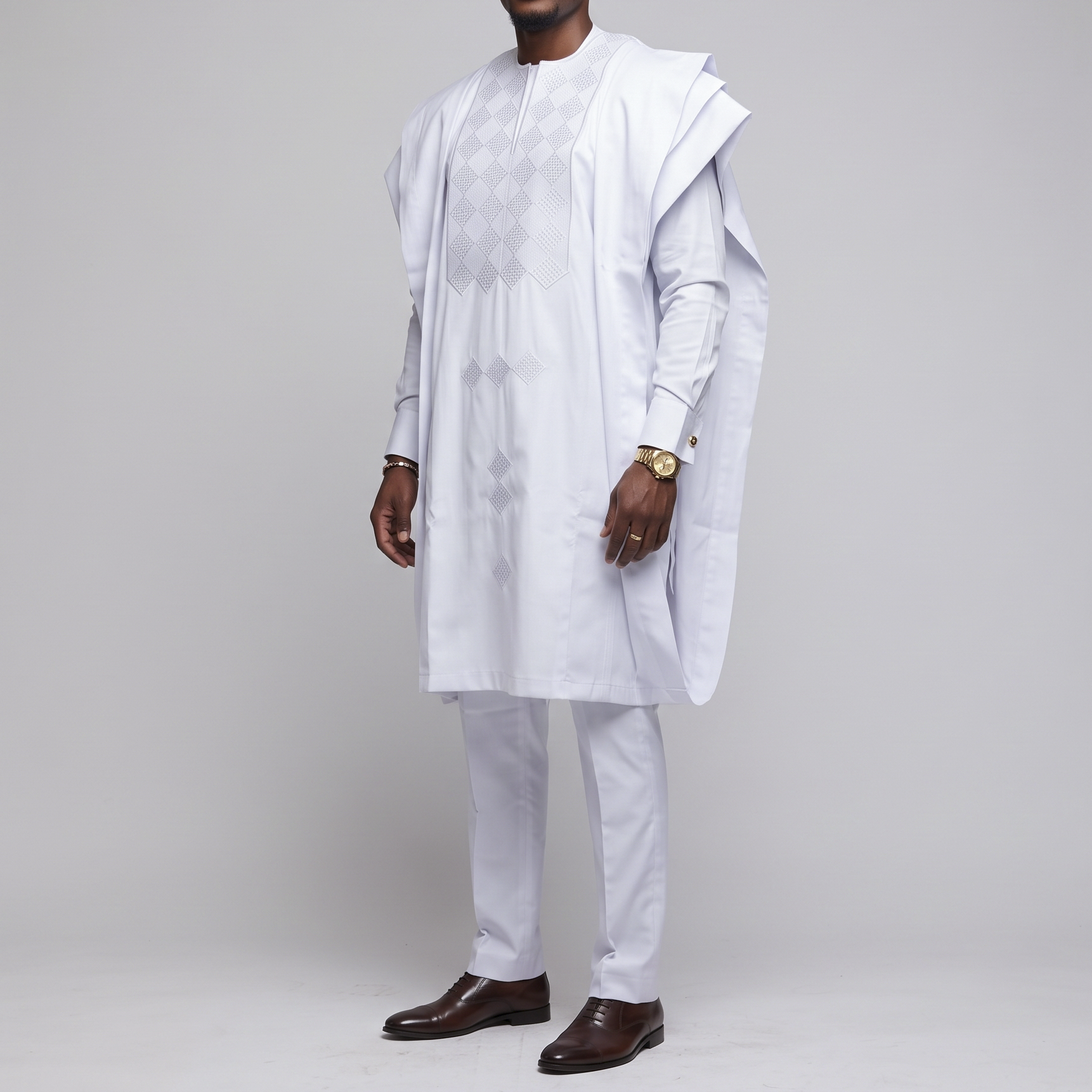 White Modern 3-Piece Embroidered Agbada Suit