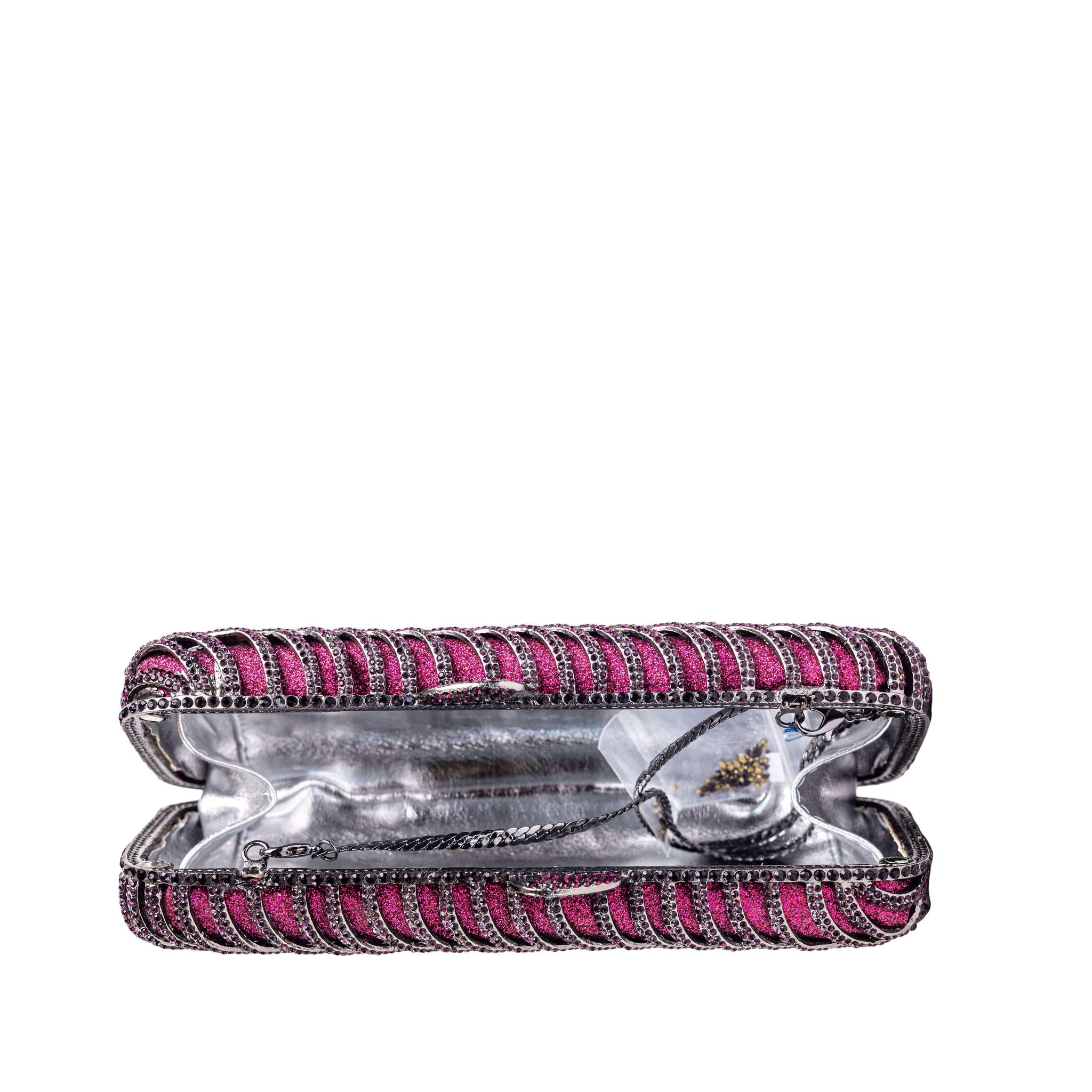 Pink and Black Wavy Rib Striped Rhinestone Clutch Purse