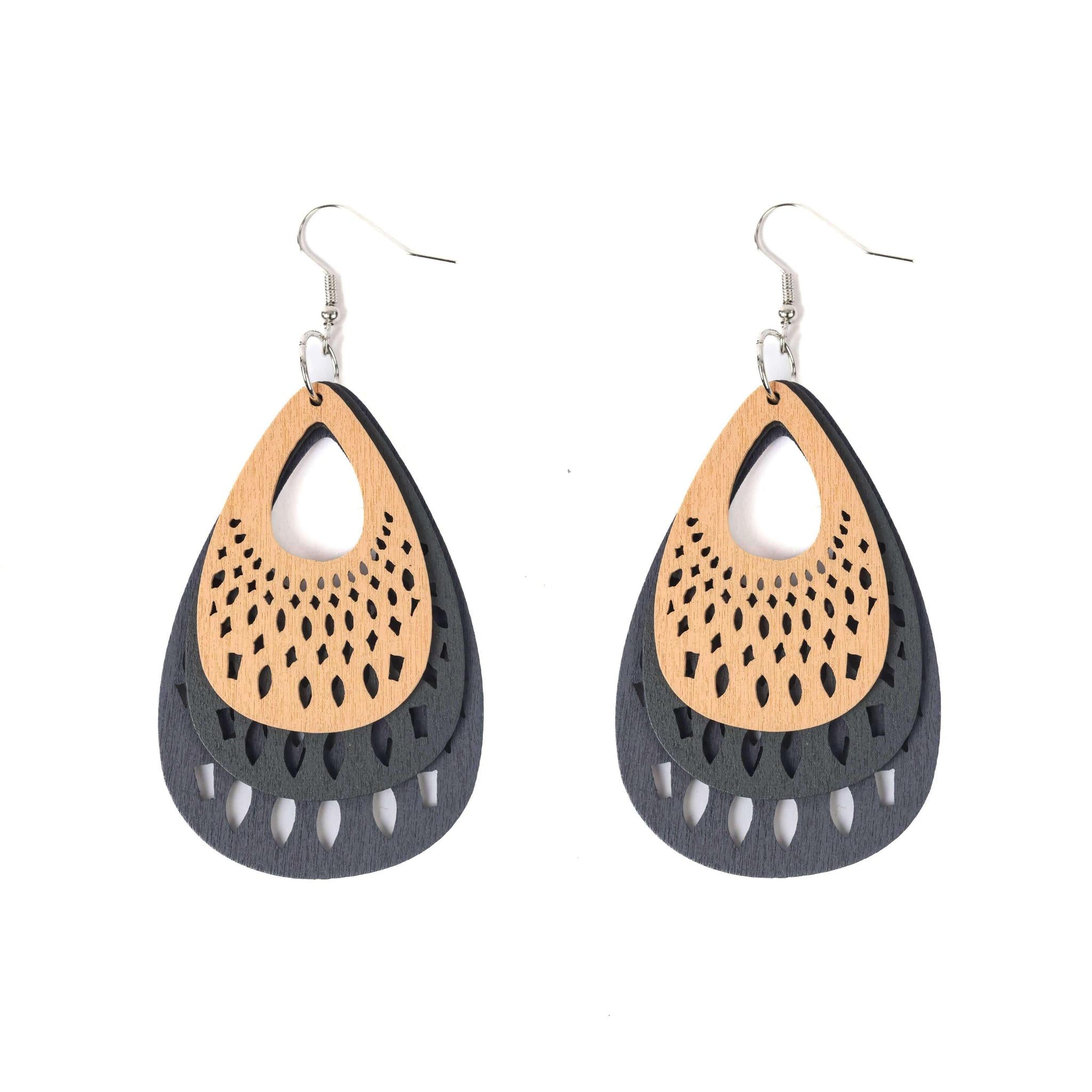 Tan-Brown and Grey Bohemian Lightweight Wooden Earrings