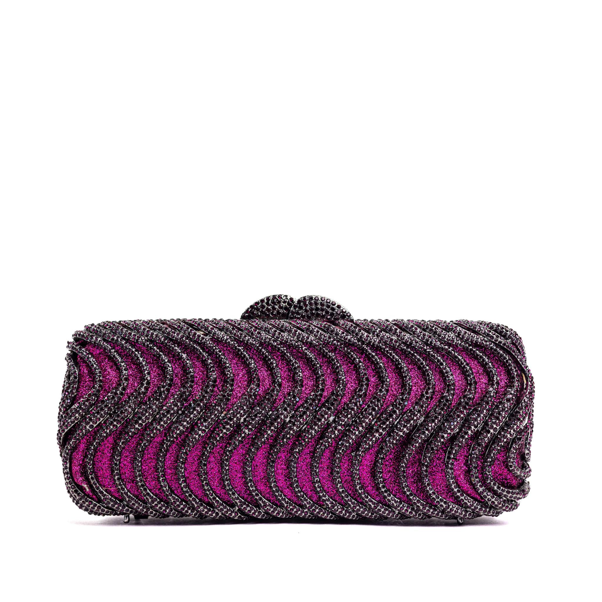 Pink and Black Wavy Rib Striped Rhinestone Clutch Purse