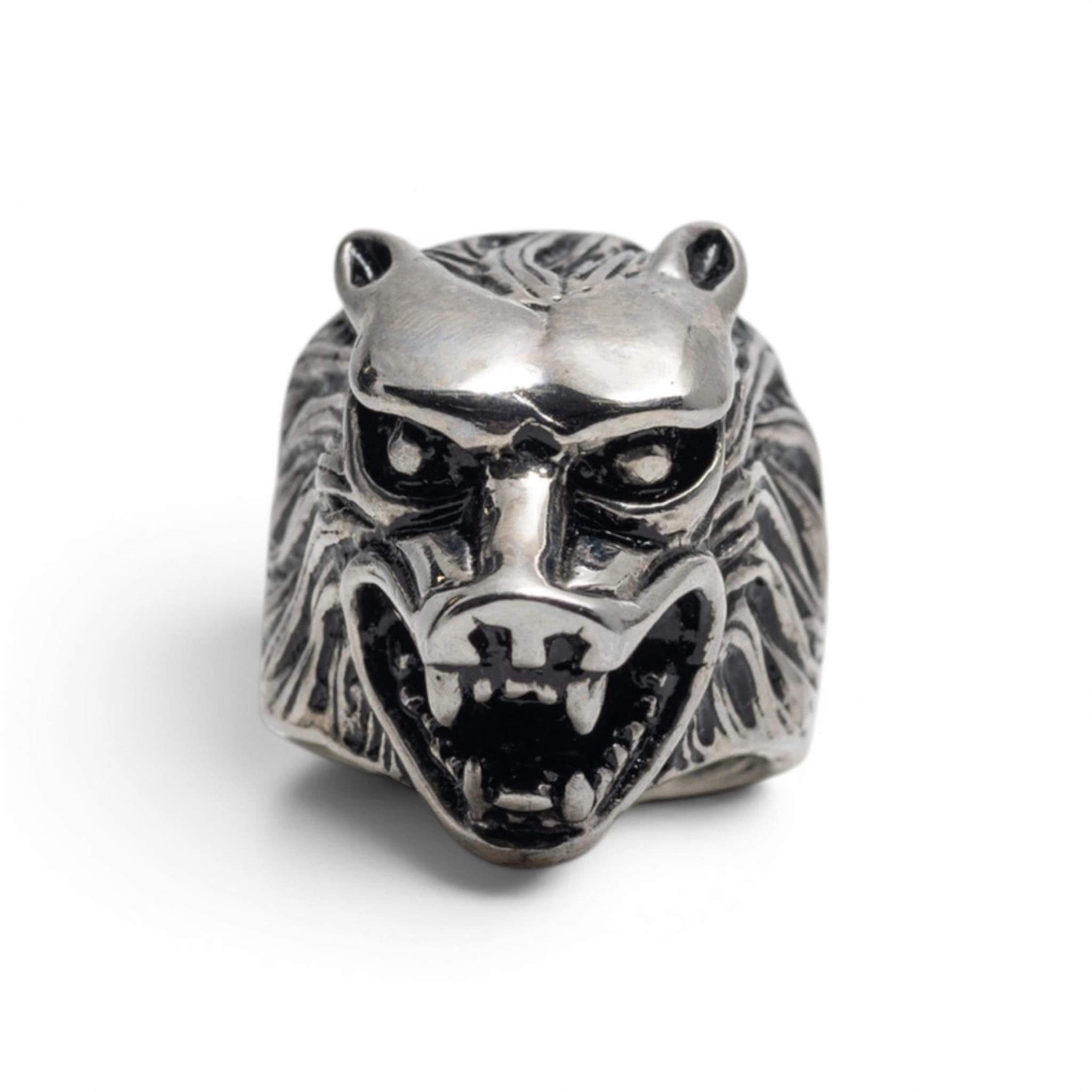 Antiqued Silver-Tone Snarling Wolf Statement Ring