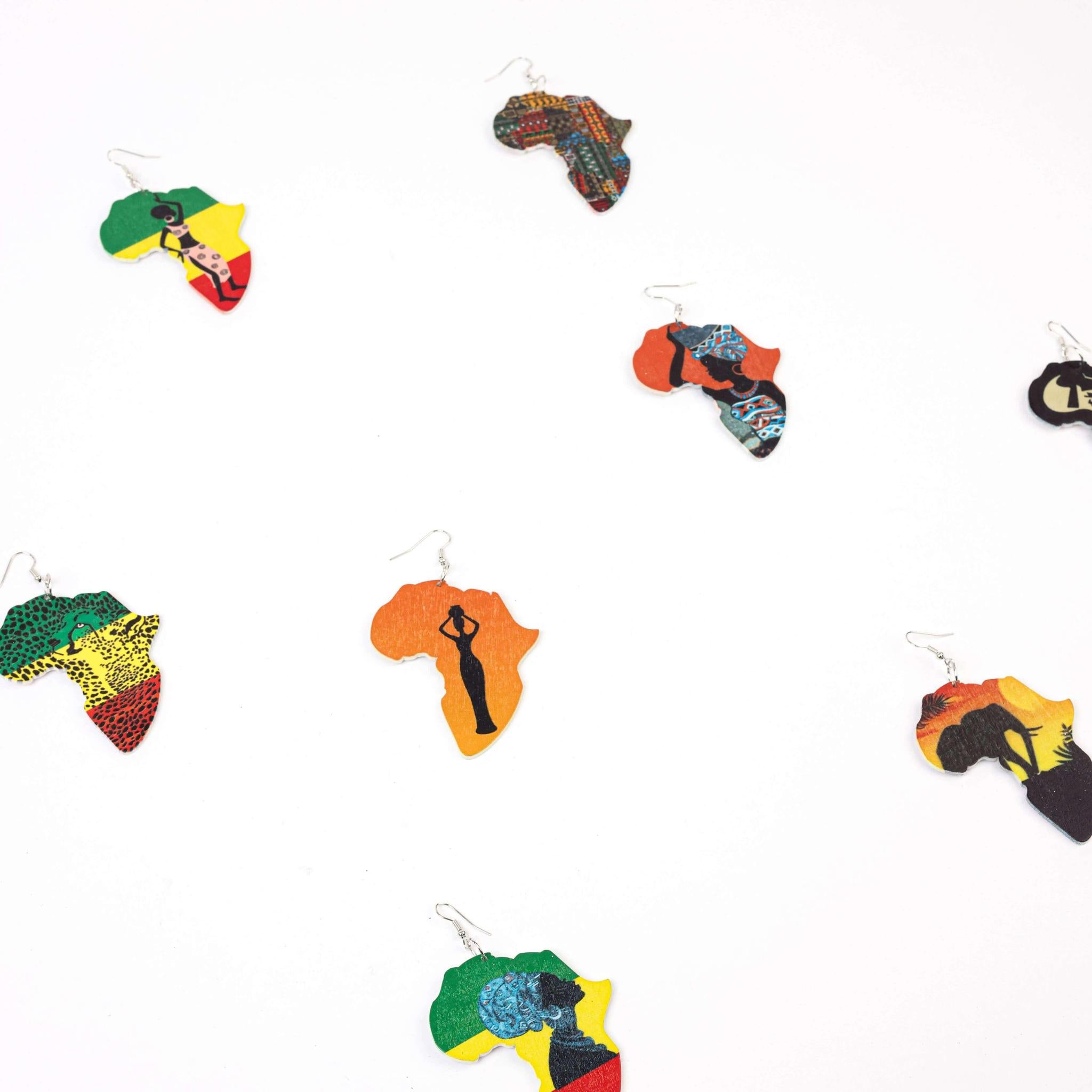 Multicolored African Map Wooden Earrings