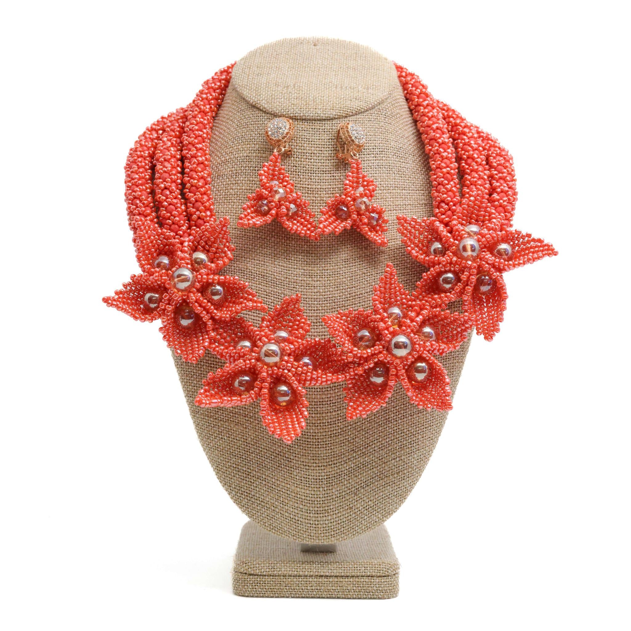 Peach Floral Beaded Necklace Set