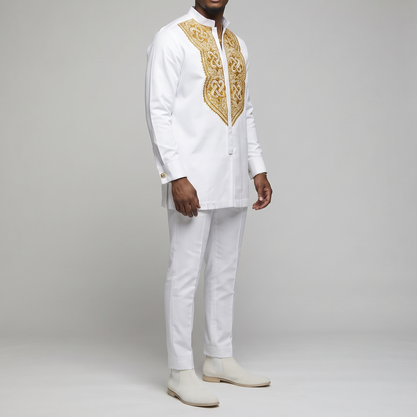 White And Gold Band Collar Long Sleeve Set