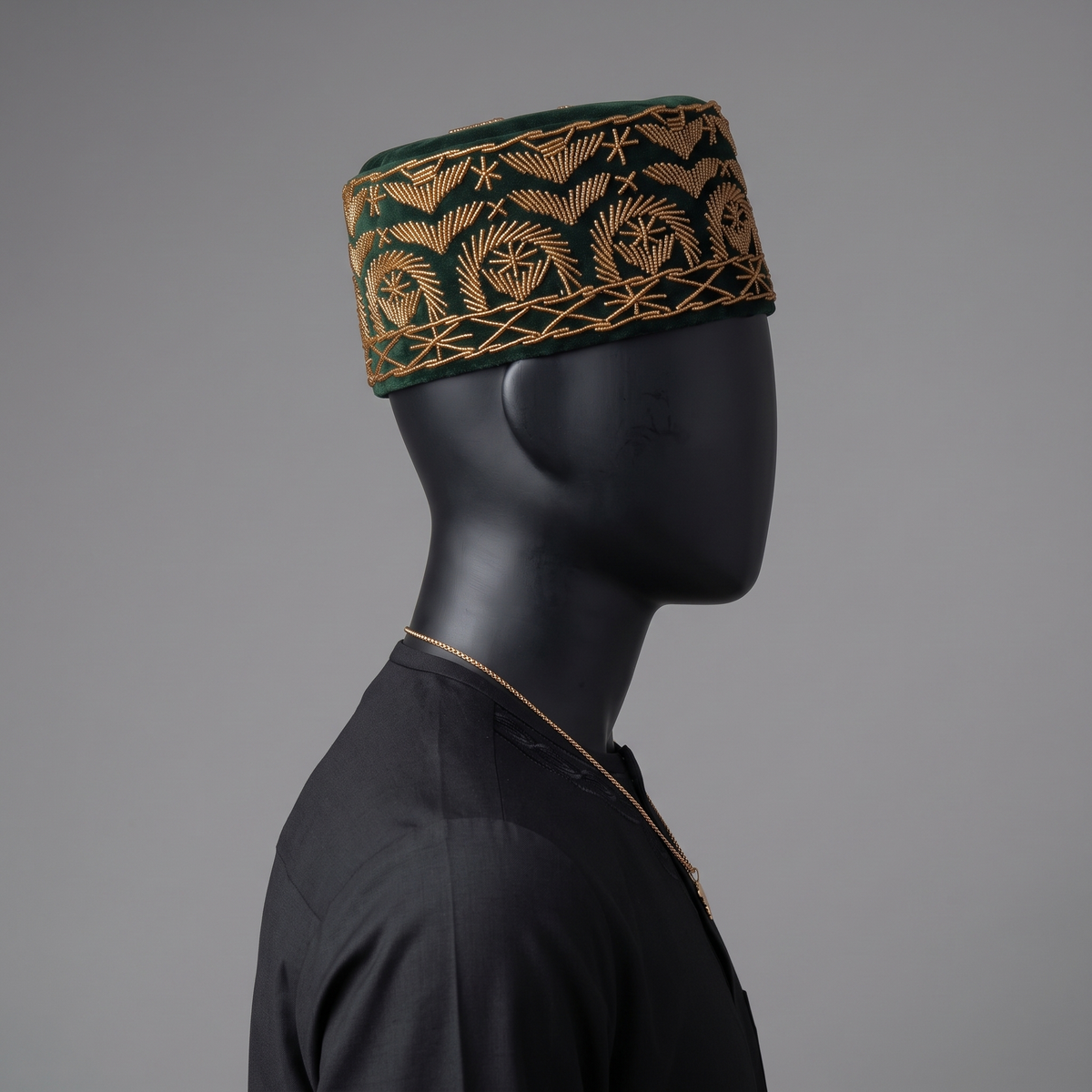 Forest Green Velvet Cap with Abstract Gold Beaded Motif