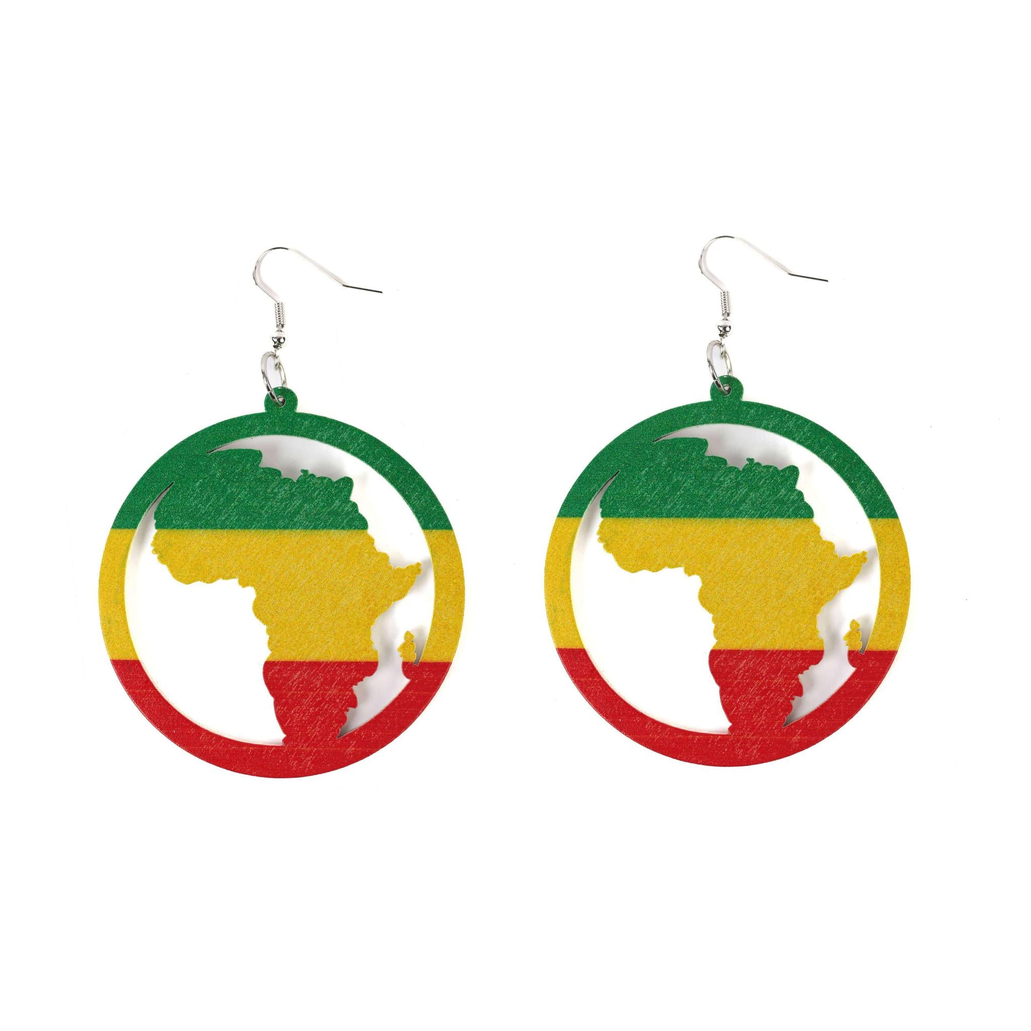 Triple Colored Map of Africa Wooden Drop Earrings