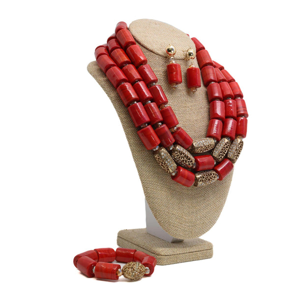 3 Step Red Coral Beaded Necklace