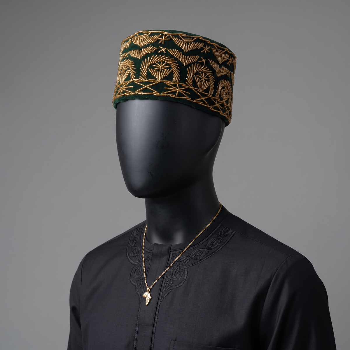 Forest Green Velvet Cap with Abstract Gold Beaded Motif