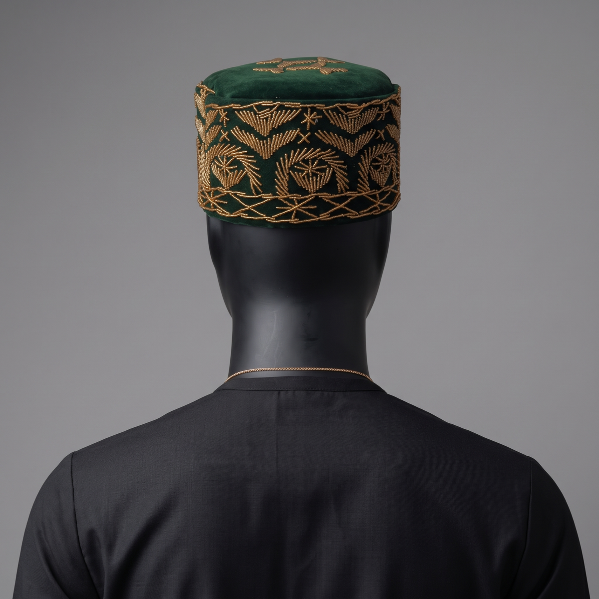 Forest Green Velvet Cap with Abstract Gold Beaded Motif