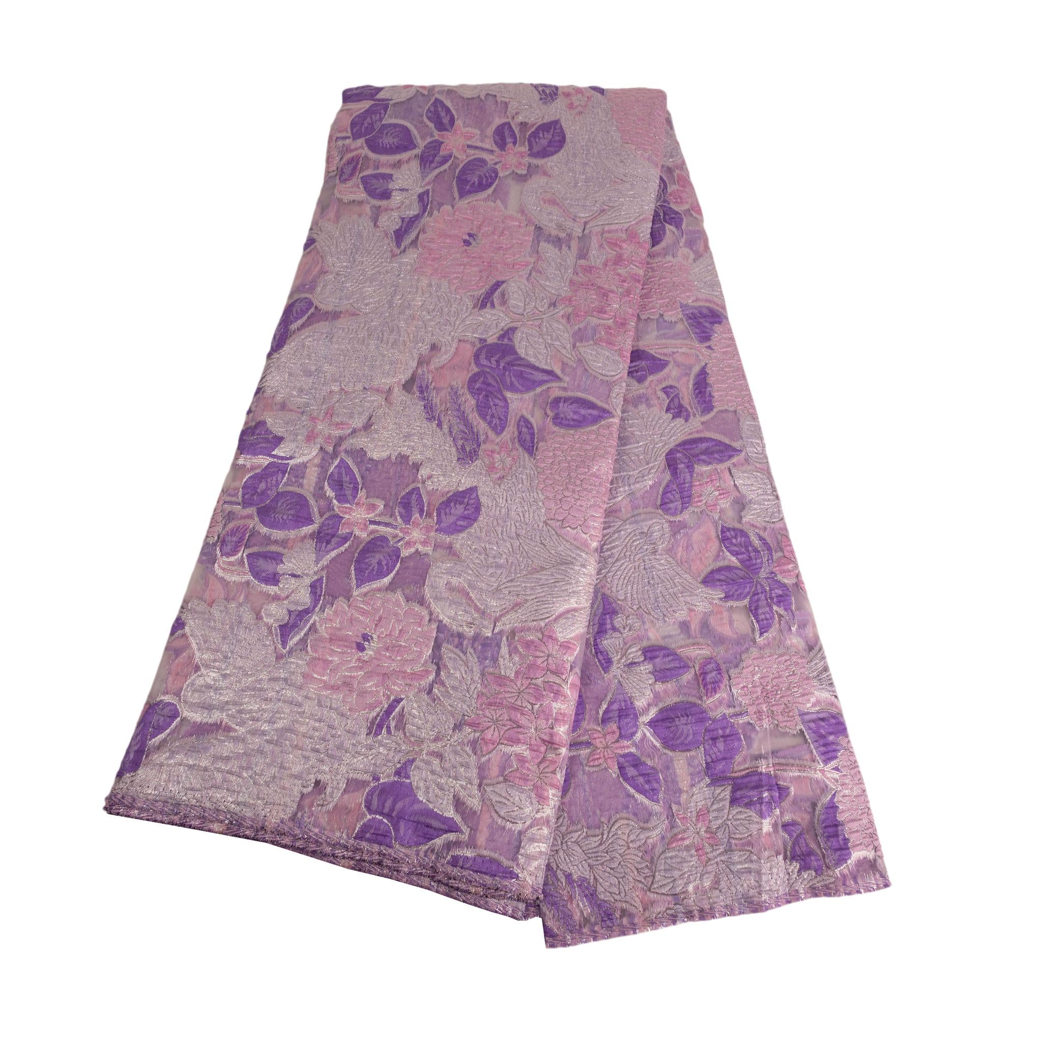 Lilac, Silver & Plum Brocade Net Fabric