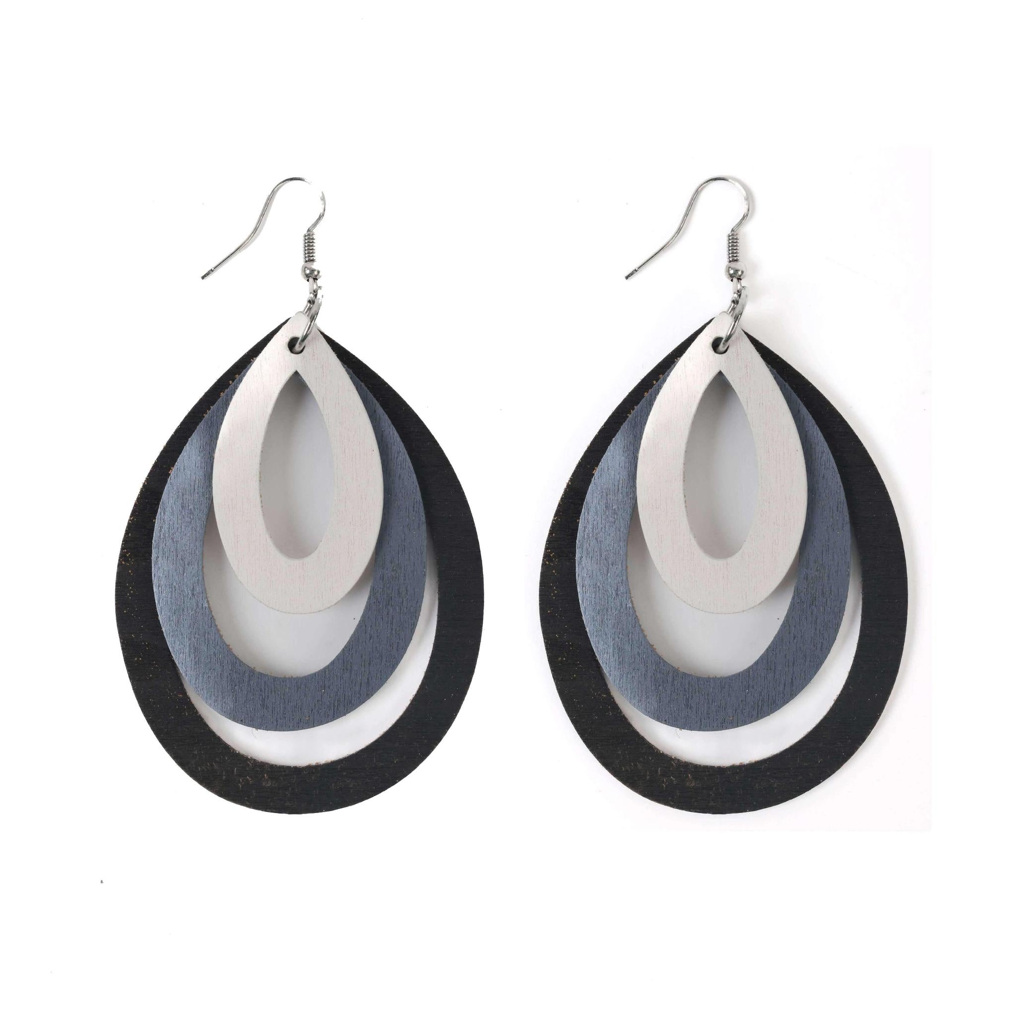 Triple Oval Wooden Drop Earrings - Off White, Grey & Black