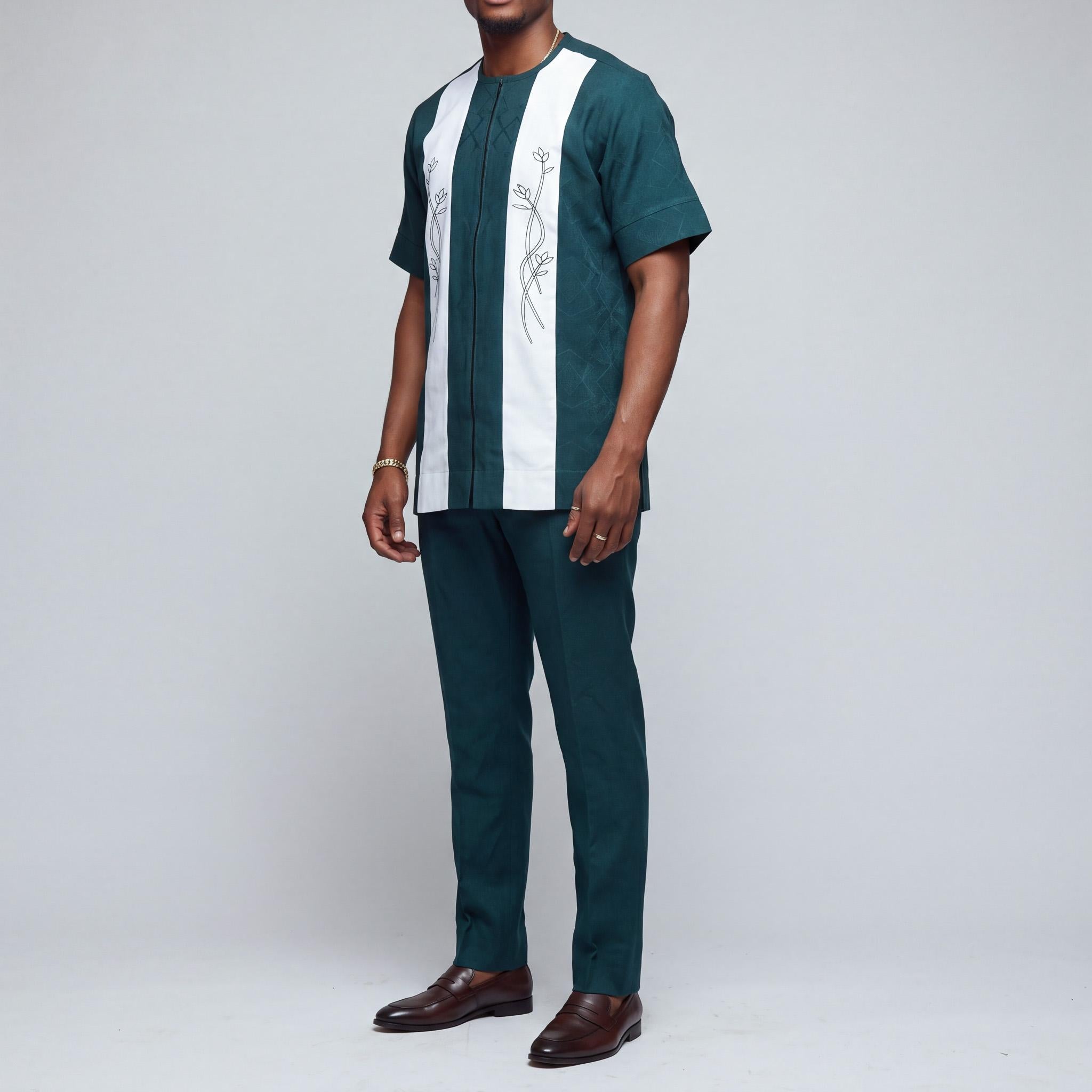 Deep Green & White Floral Embroidered Short-Sleeve