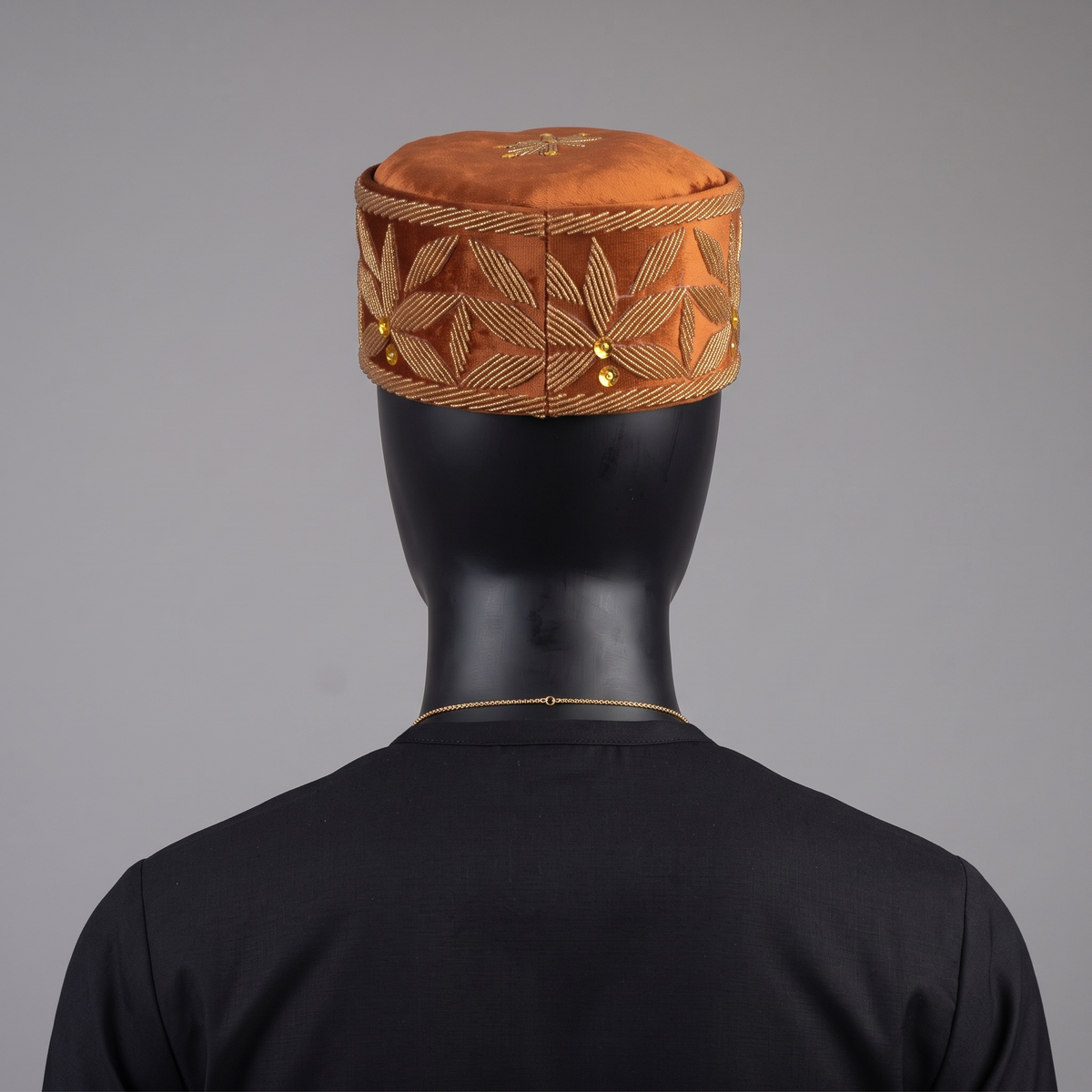 Handcrafted Copper Rust Velvet Beaded Cap with Gold Floral Motif