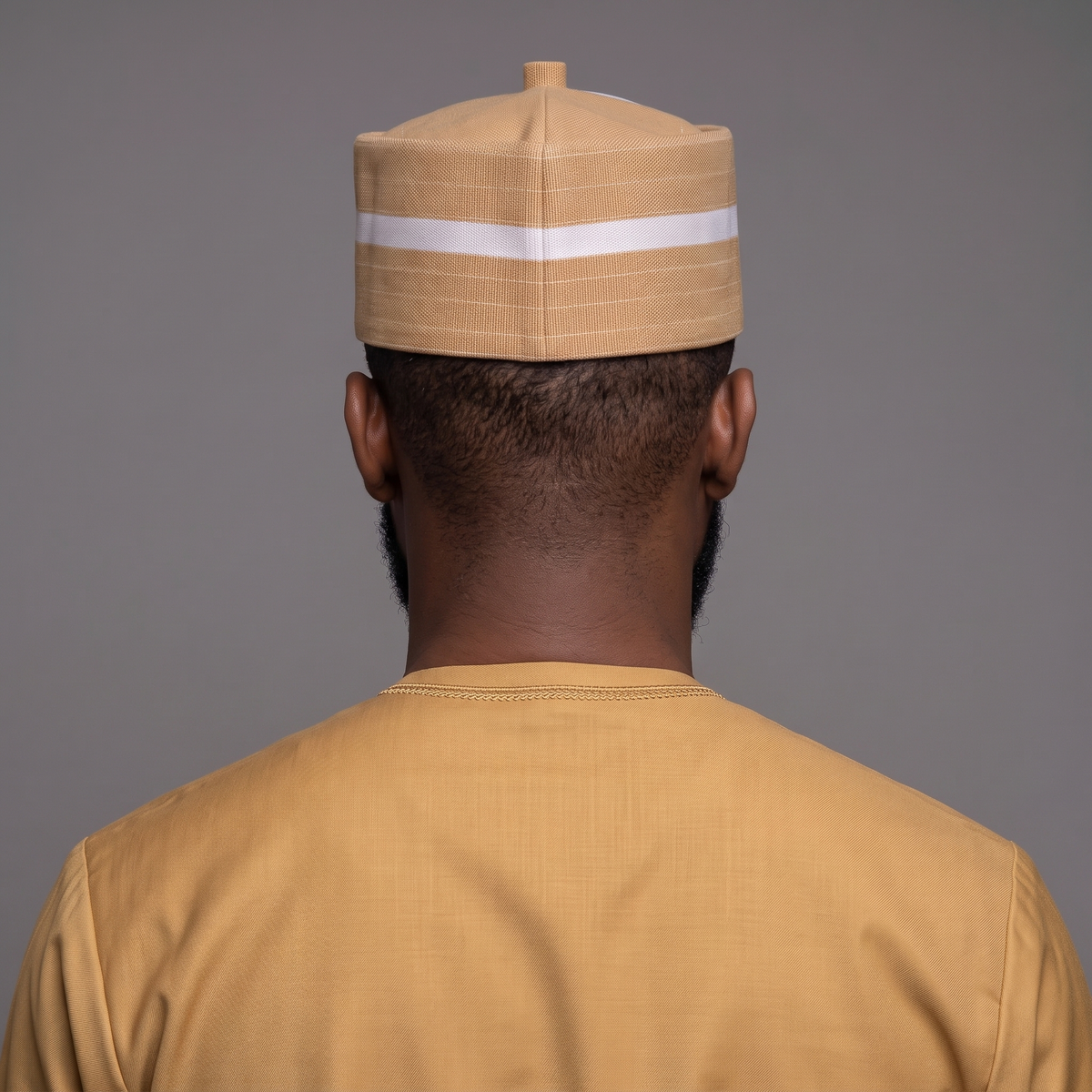 Handcrafted Tan and White (Aso-Oke) Striped Woven Cap with Traditional Top Knot
