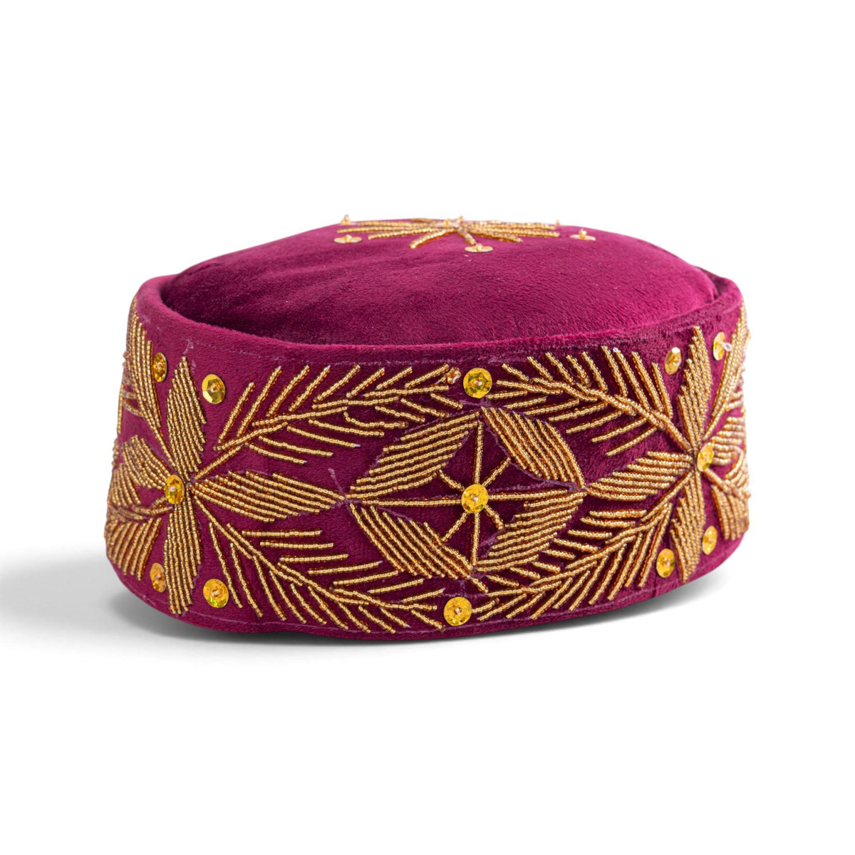 Burgundy Velvet Cap with Gold Floral Beadwork