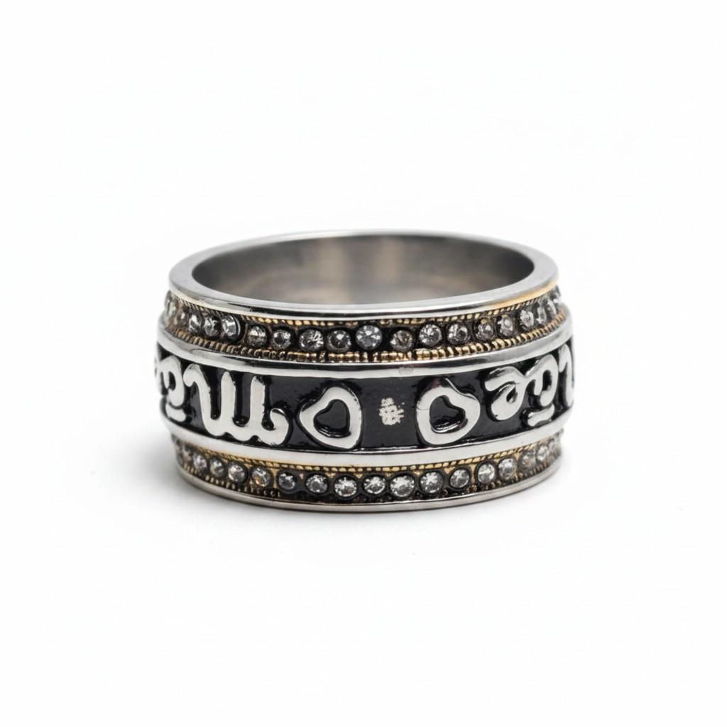 Ornate Script & Crystal Wide Band Ring