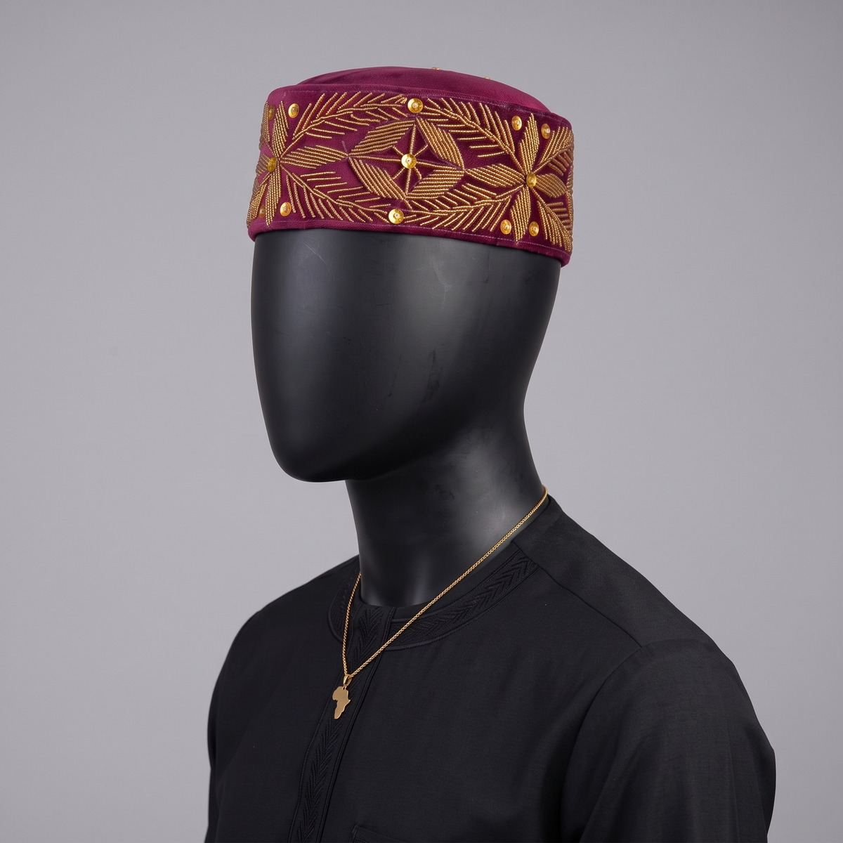 Burgundy Velvet Cap with Gold Floral Beadwork
