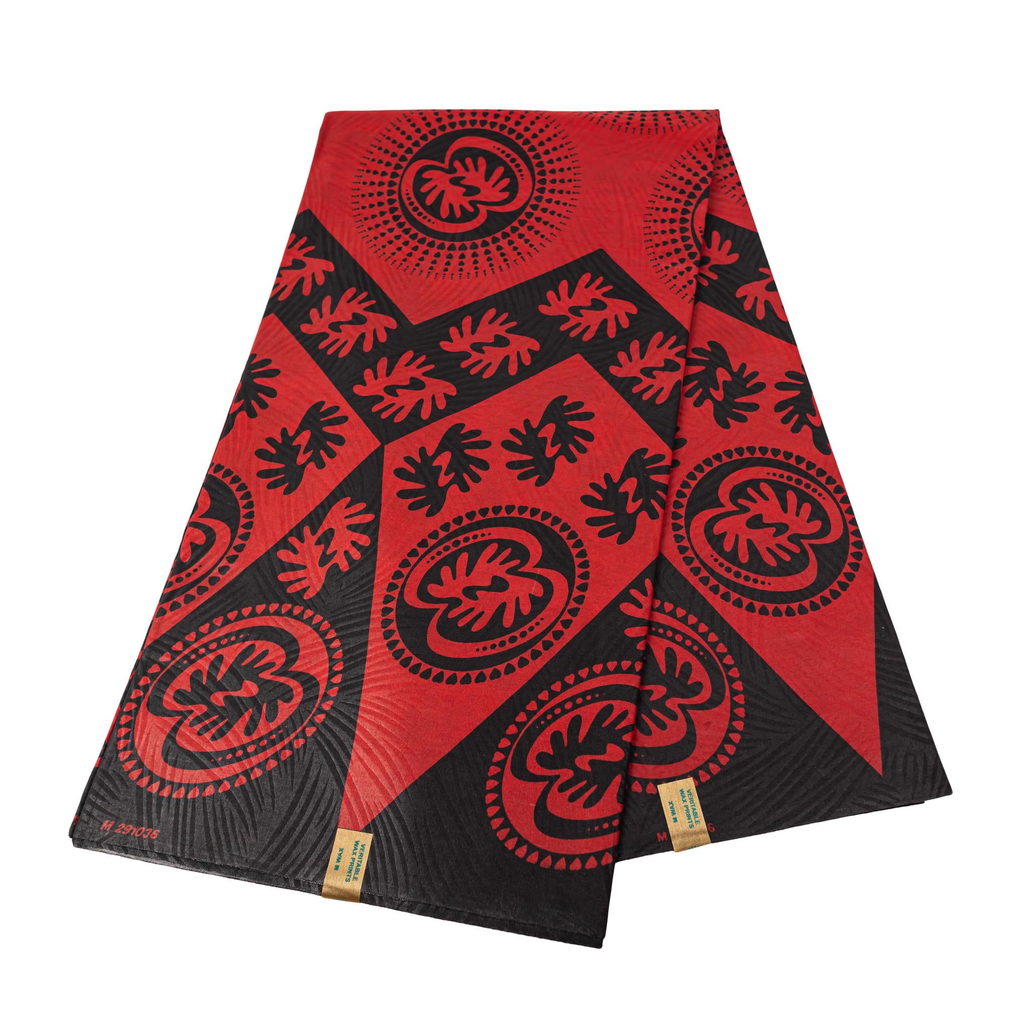 Embossed Red & Black Wax Print Fabric - 6 Yards (Adinkra Symbols)