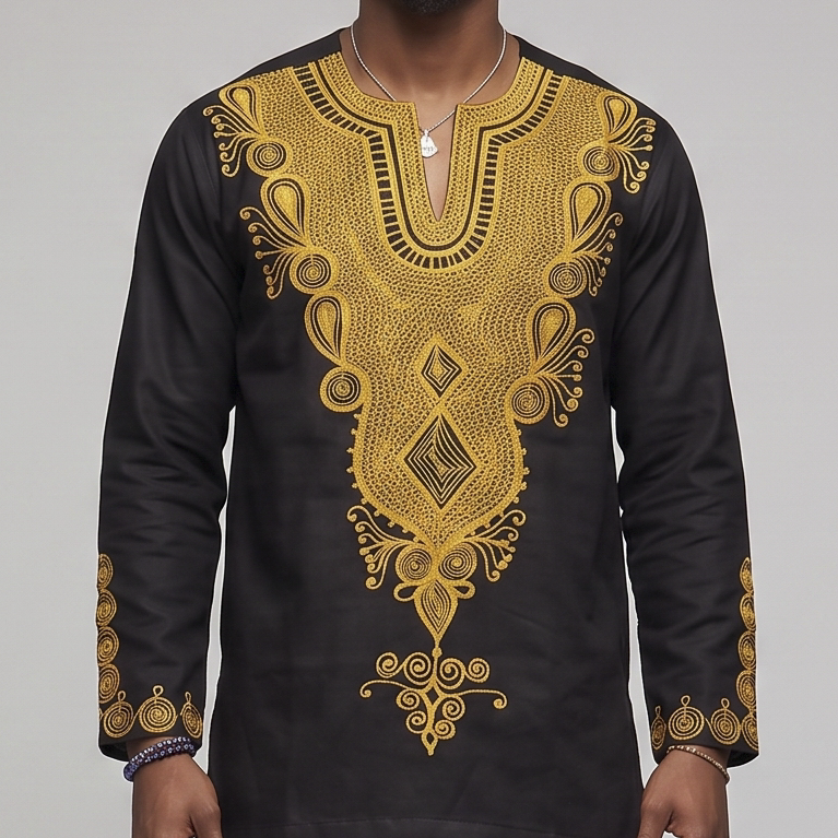 Black & Gold Embroidered African Dashiki Top