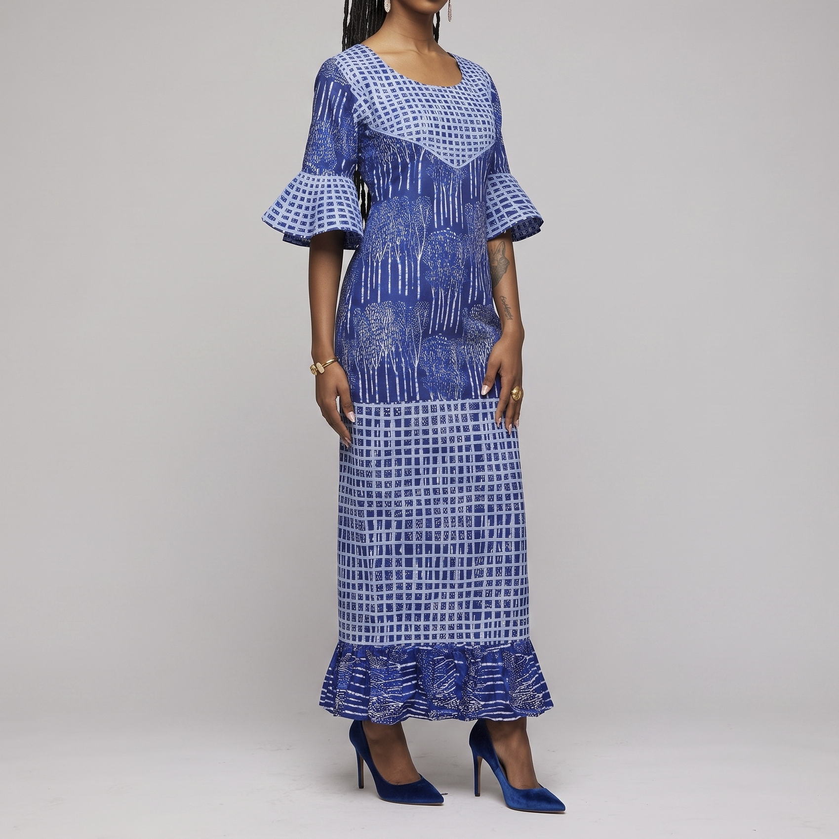 Blue & White Stoned Ankara Bubu Dress