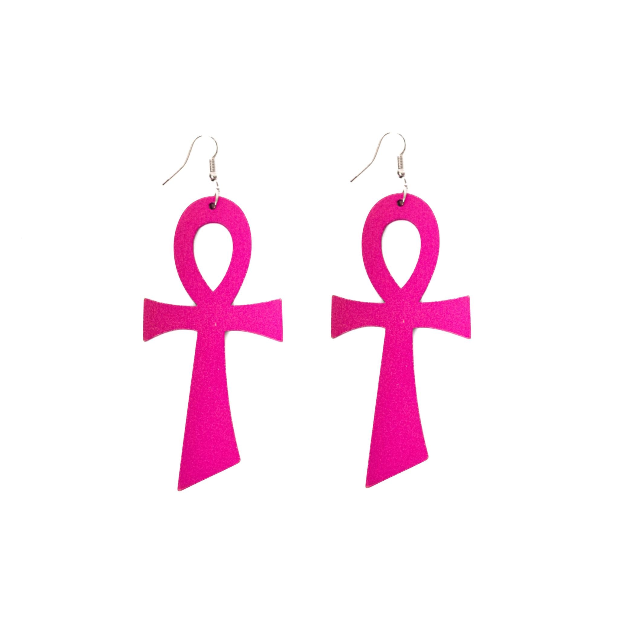 Pink Egyptian Ankh Wooden Drop Earrings