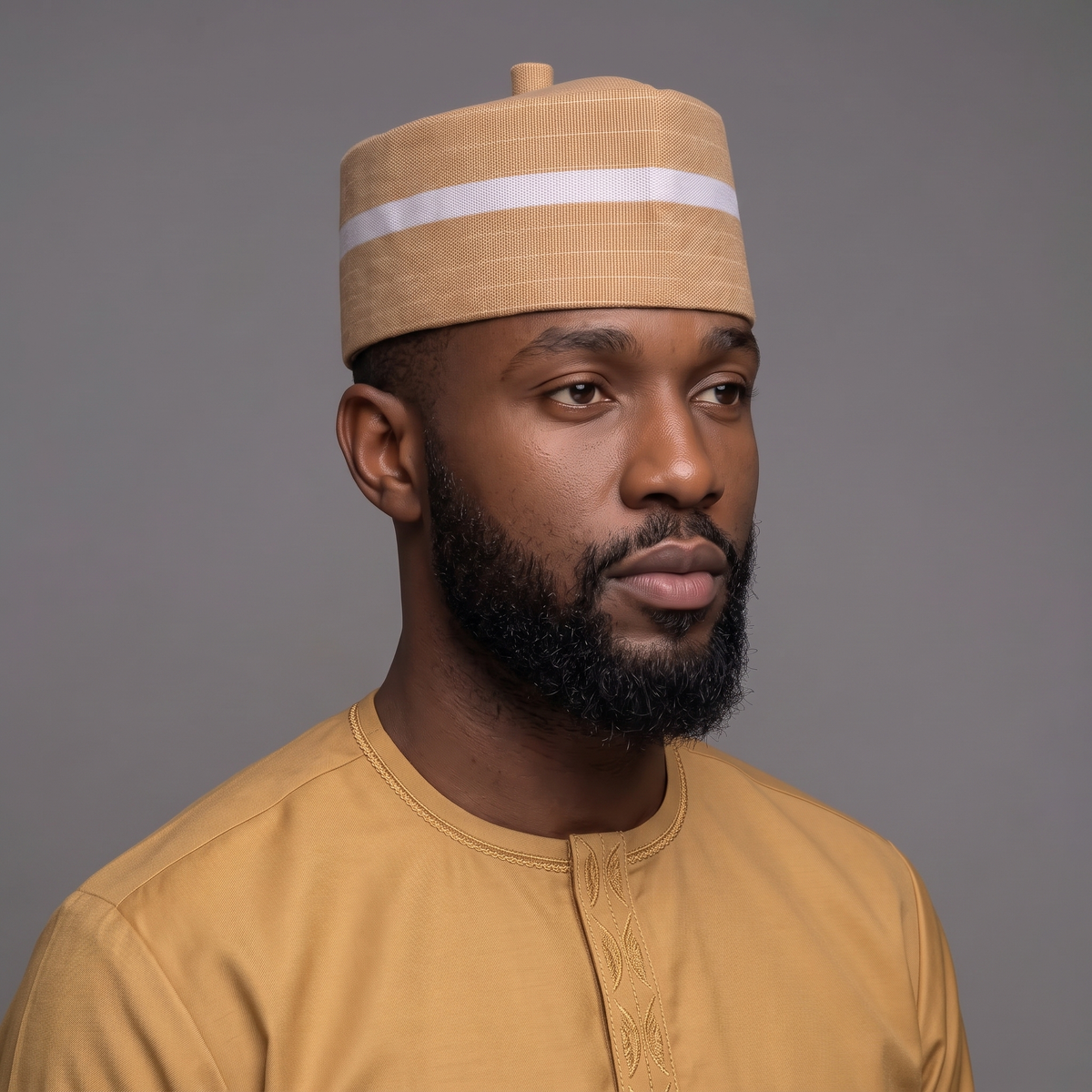Handcrafted Tan and White (Aso-Oke) Striped Woven Cap with Traditional Top Knot