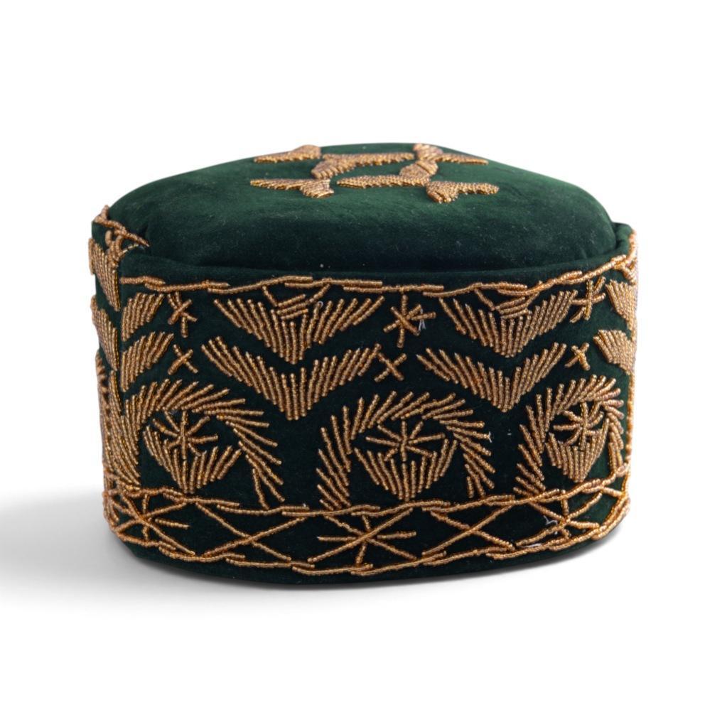 Forest Green Velvet Cap with Abstract Gold Beaded Motif