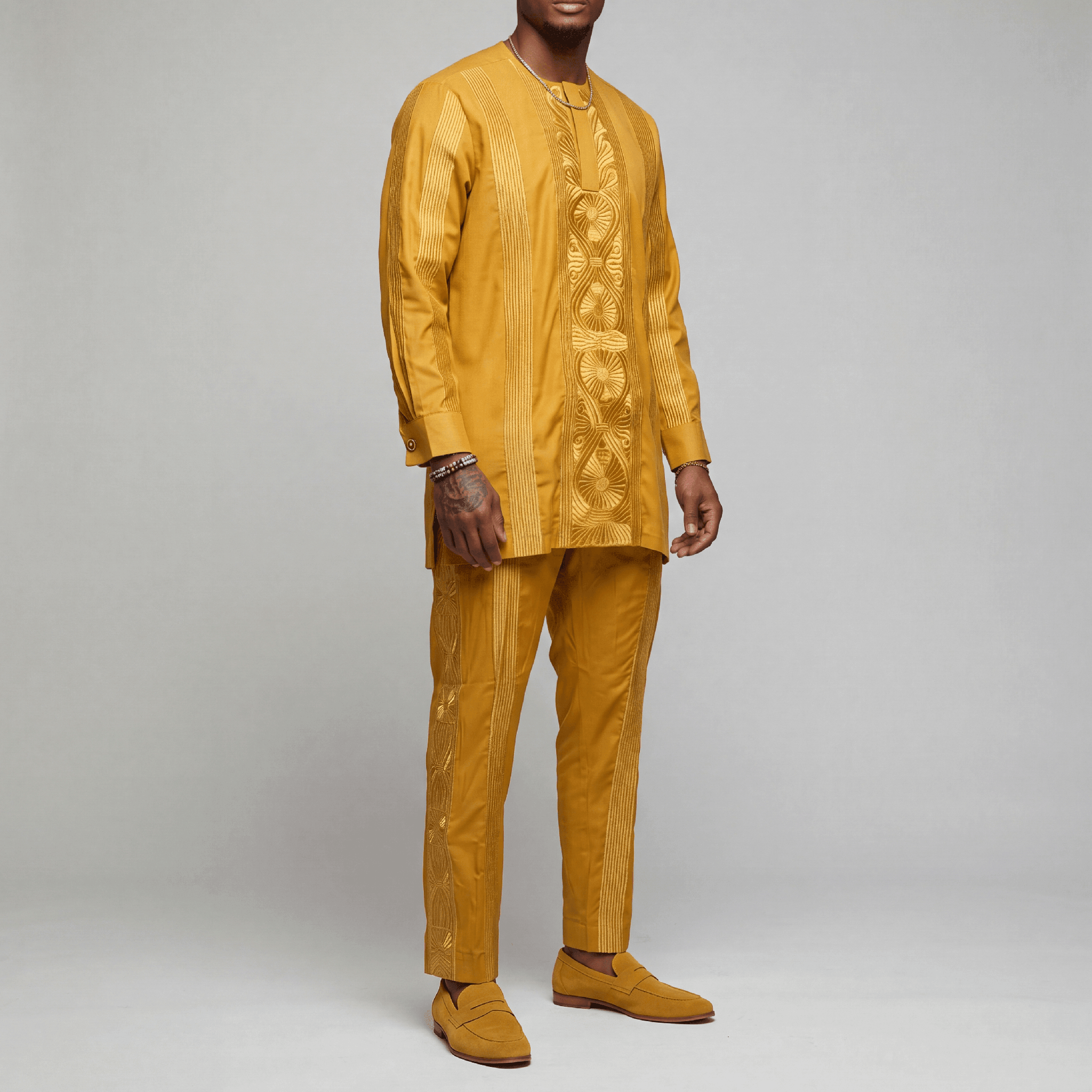 Regal Gold Embroidered Nigerian Cotton Two-Piece Suit