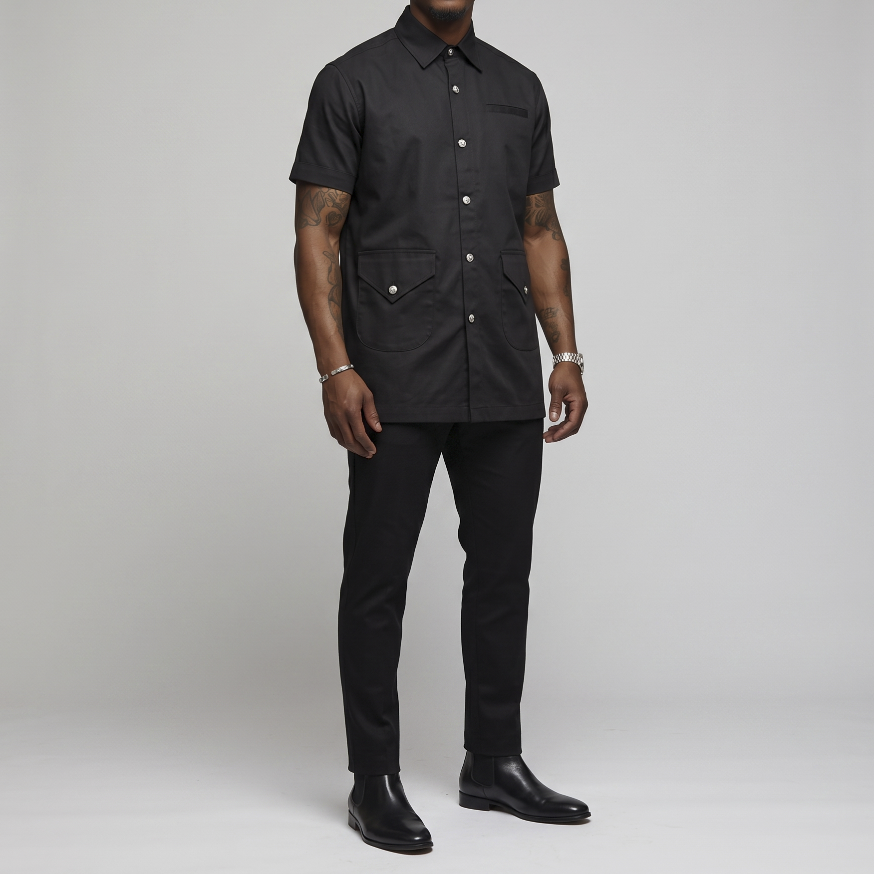 Black Short Sleeve Utility-Style Senator Suit