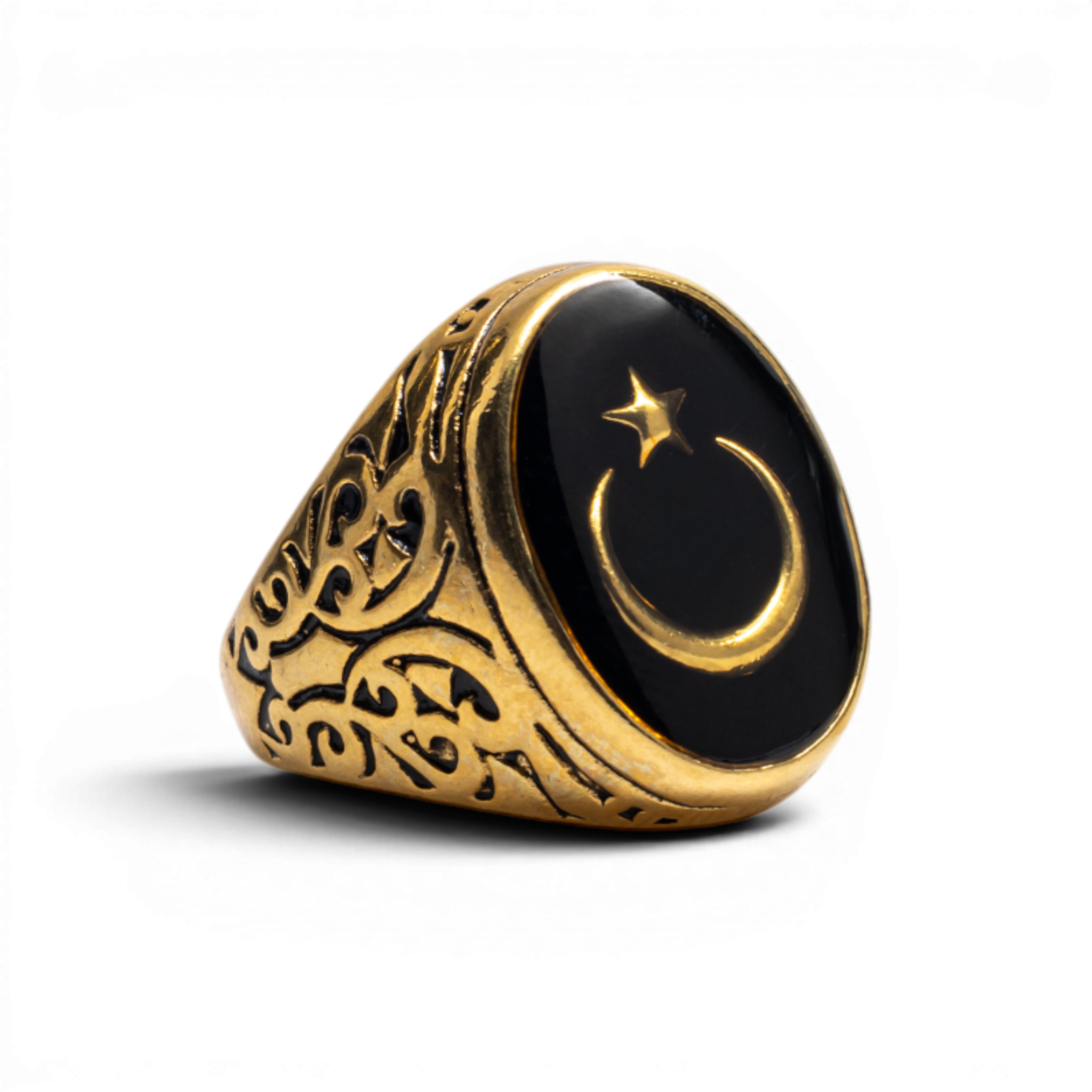Antiqued Gold-Tone Star and Crescent Signet Ring