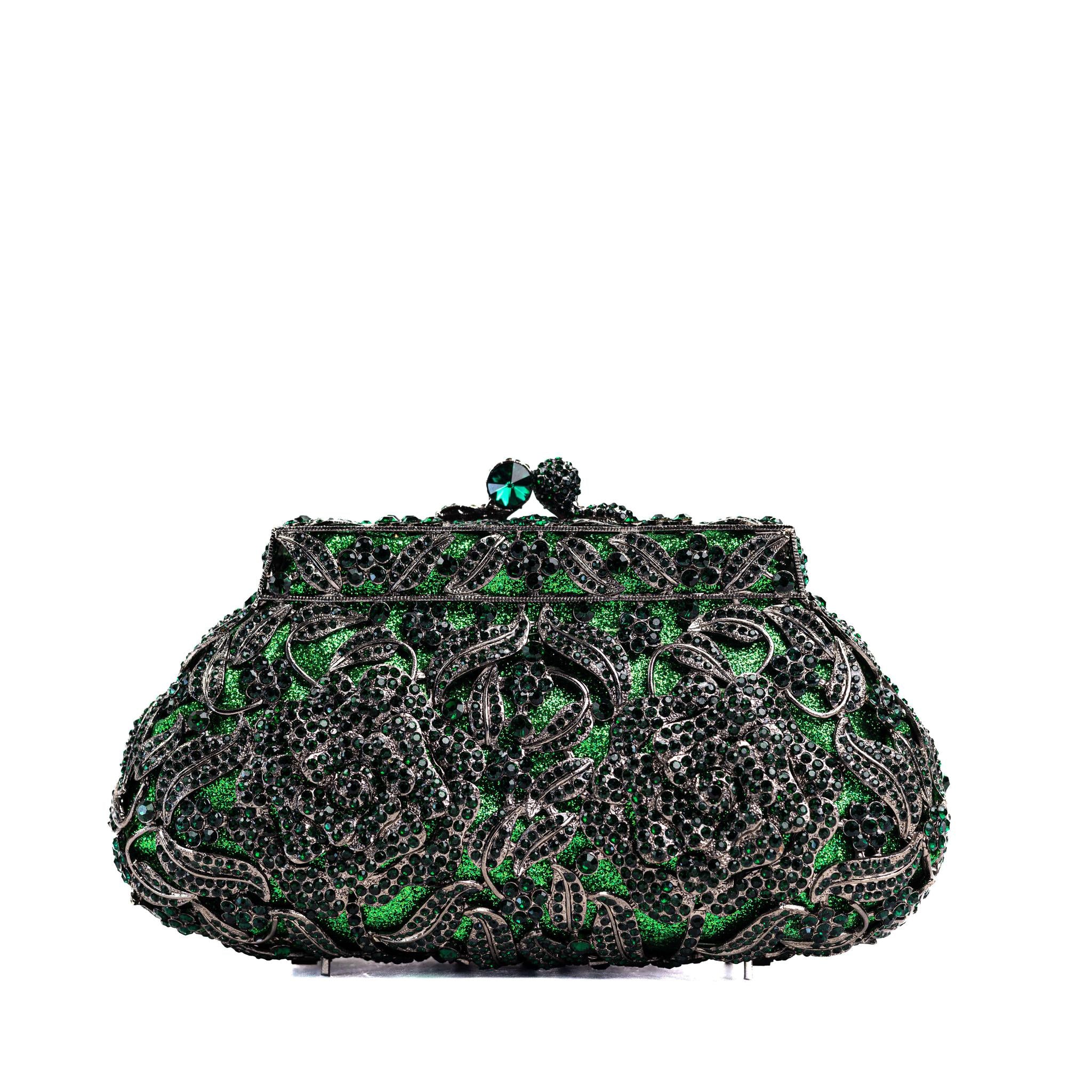 Green Vintage Flower Rhinestone Clutch Purse