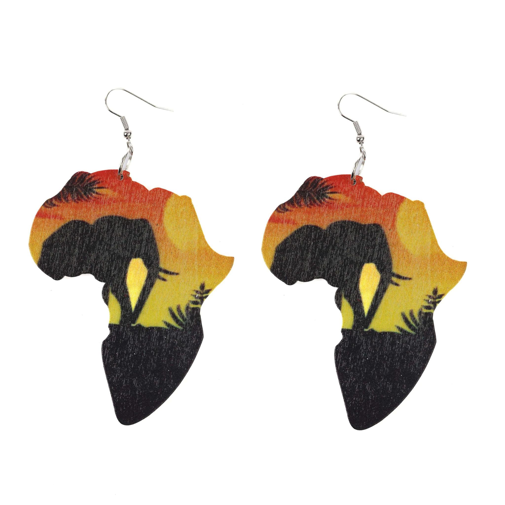 African Map Sunset Wooden Earrings