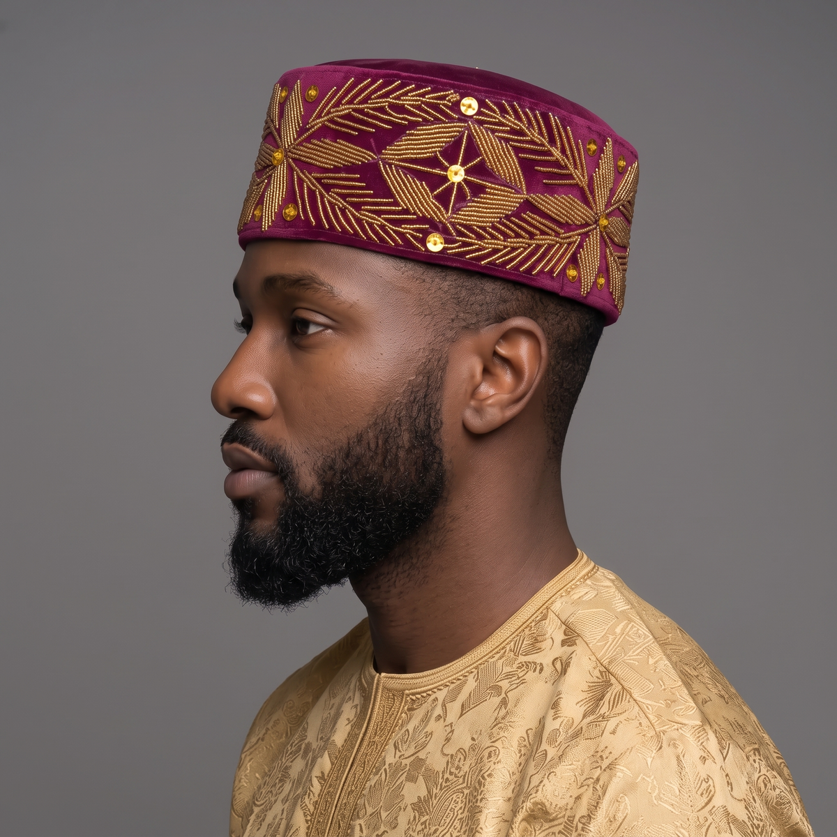 Burgundy Velvet Cap with Gold Floral Beadwork