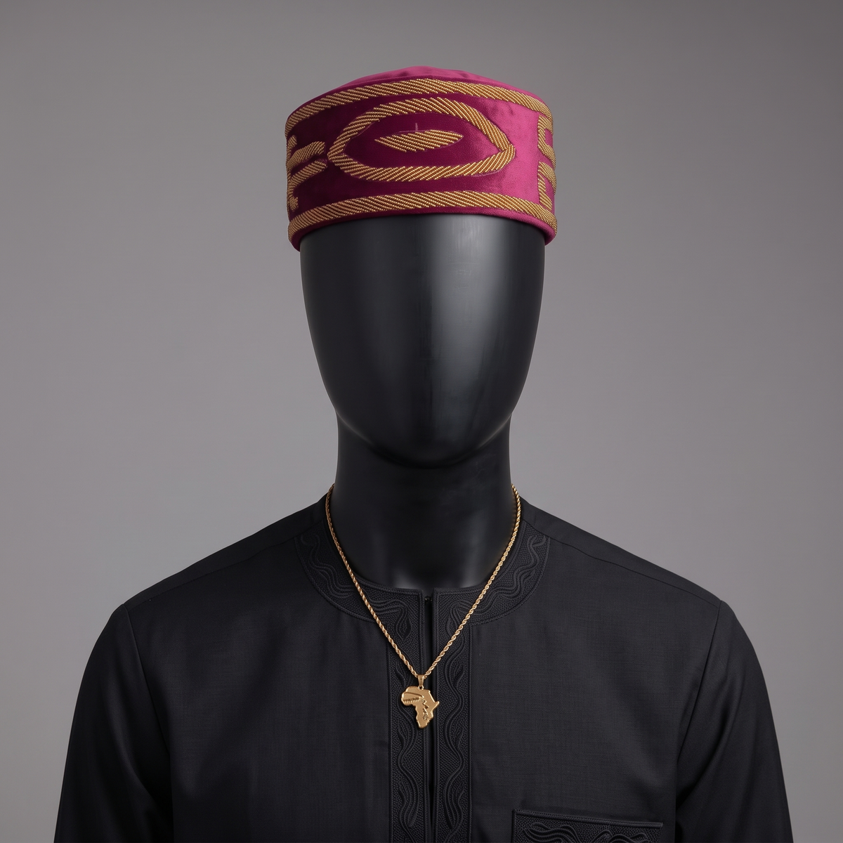 Hand-Beaded Nigerian Burgundy Velvet Cap