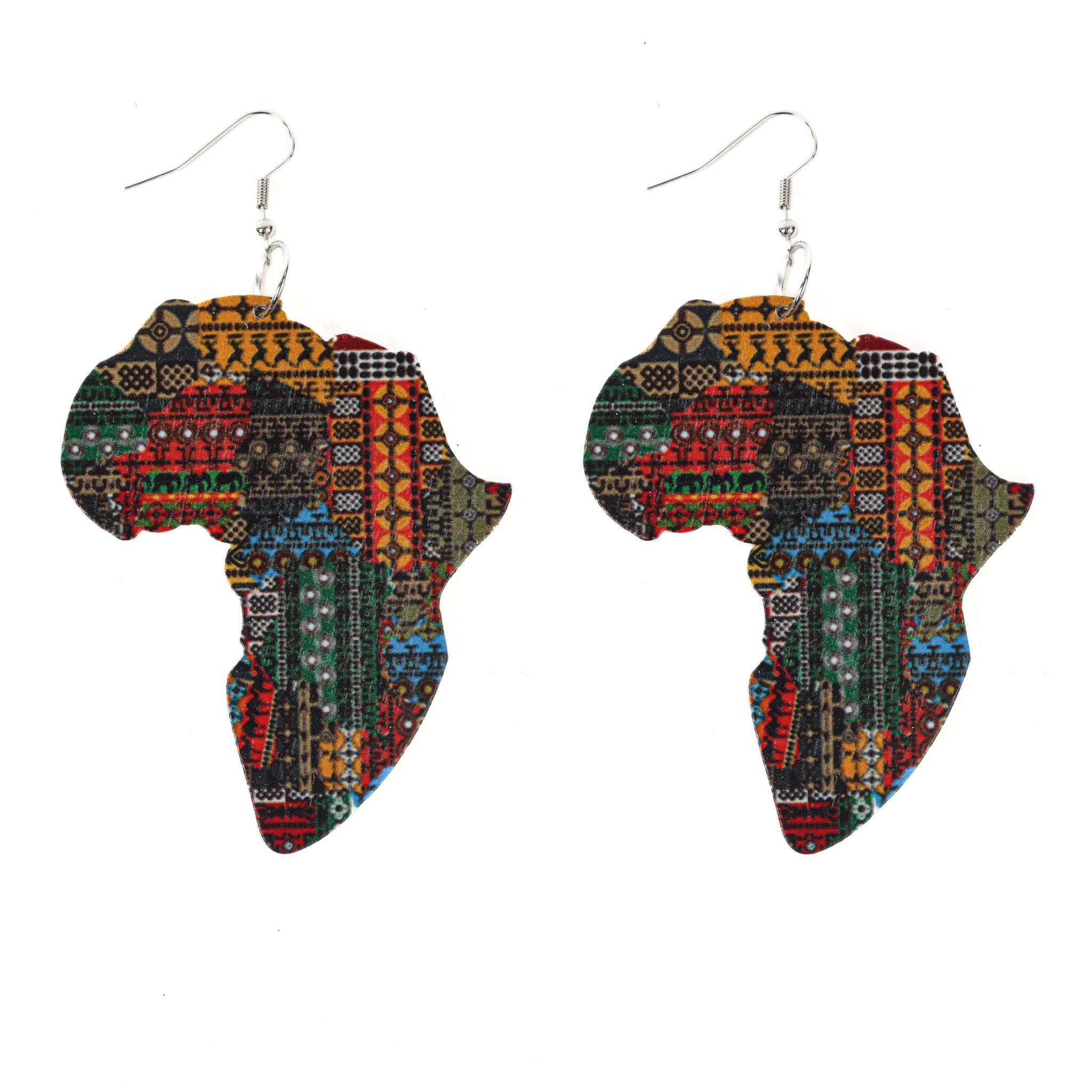 Multicolored African Map Wooden Earrings