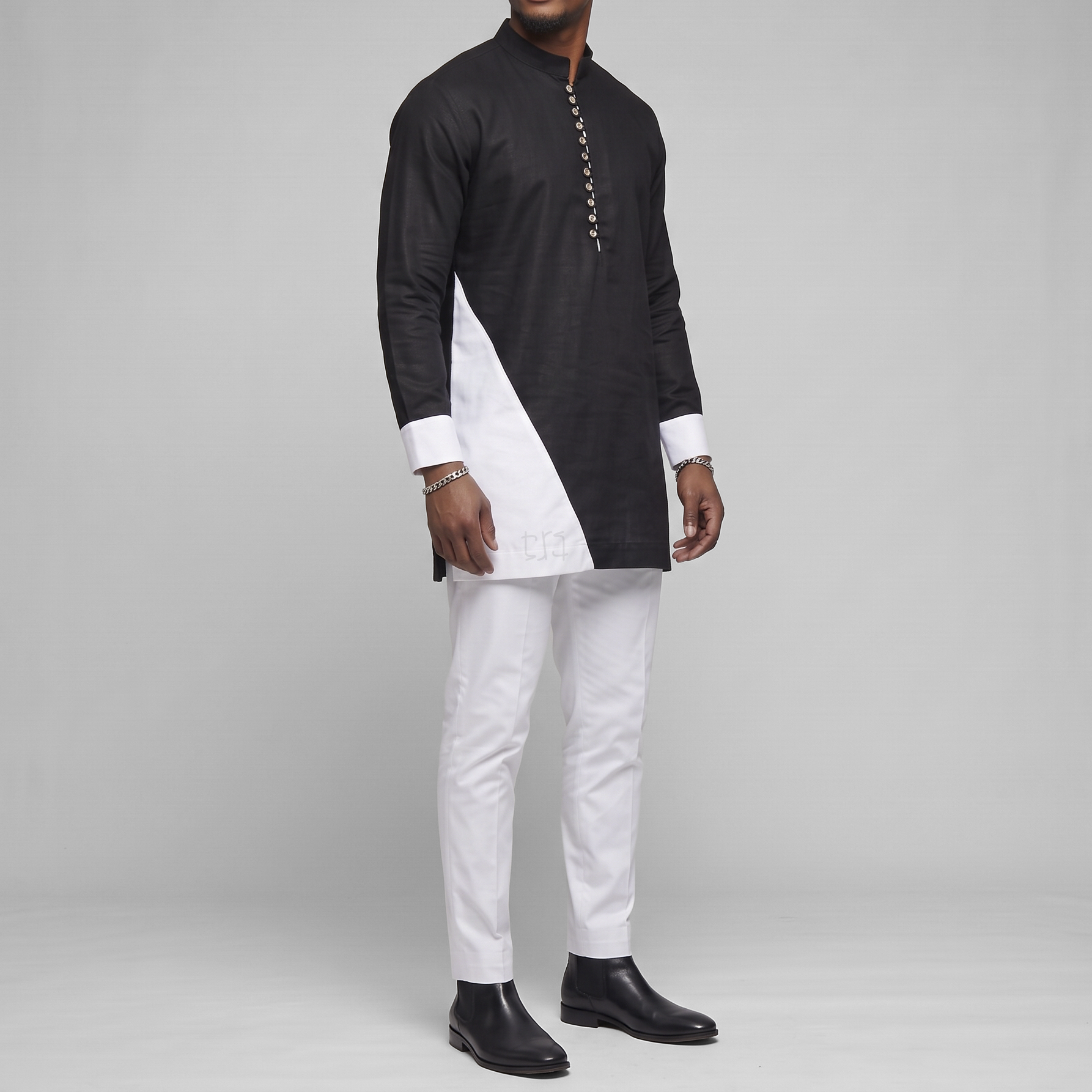 White & Black Stand-up Collar Long Sleeve Set