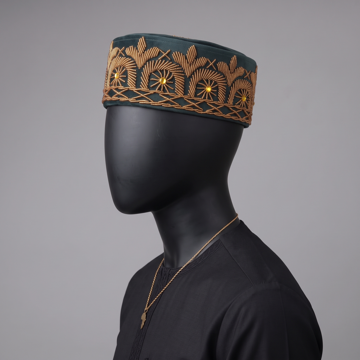 Hand-Beaded Nigerian Green Velvet Cap