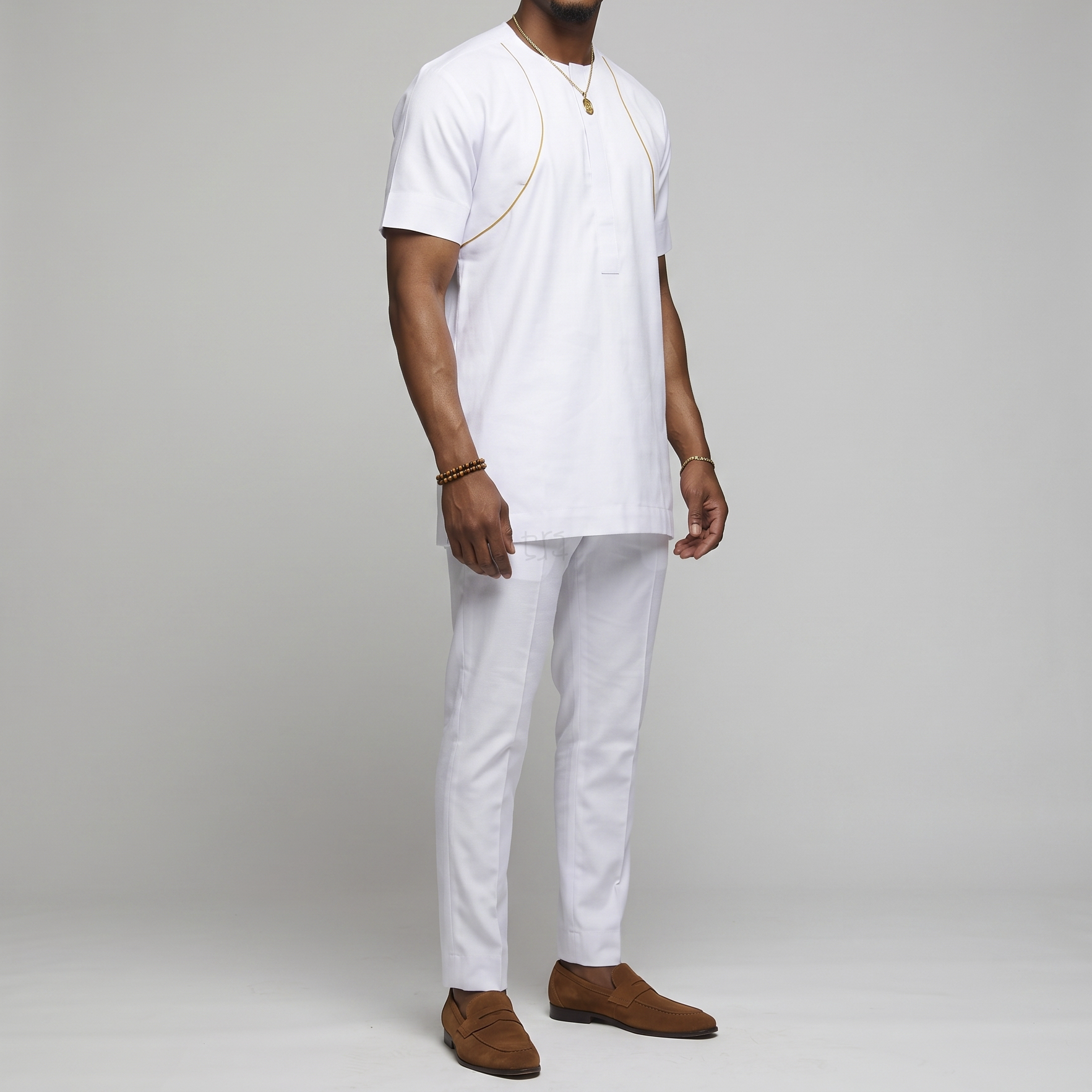 White Short Sleeve w/Gold Trim