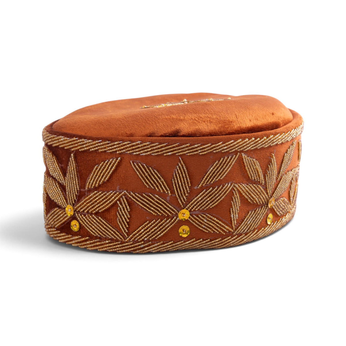 Handcrafted Copper Rust Velvet Beaded Cap with Gold Floral Motif