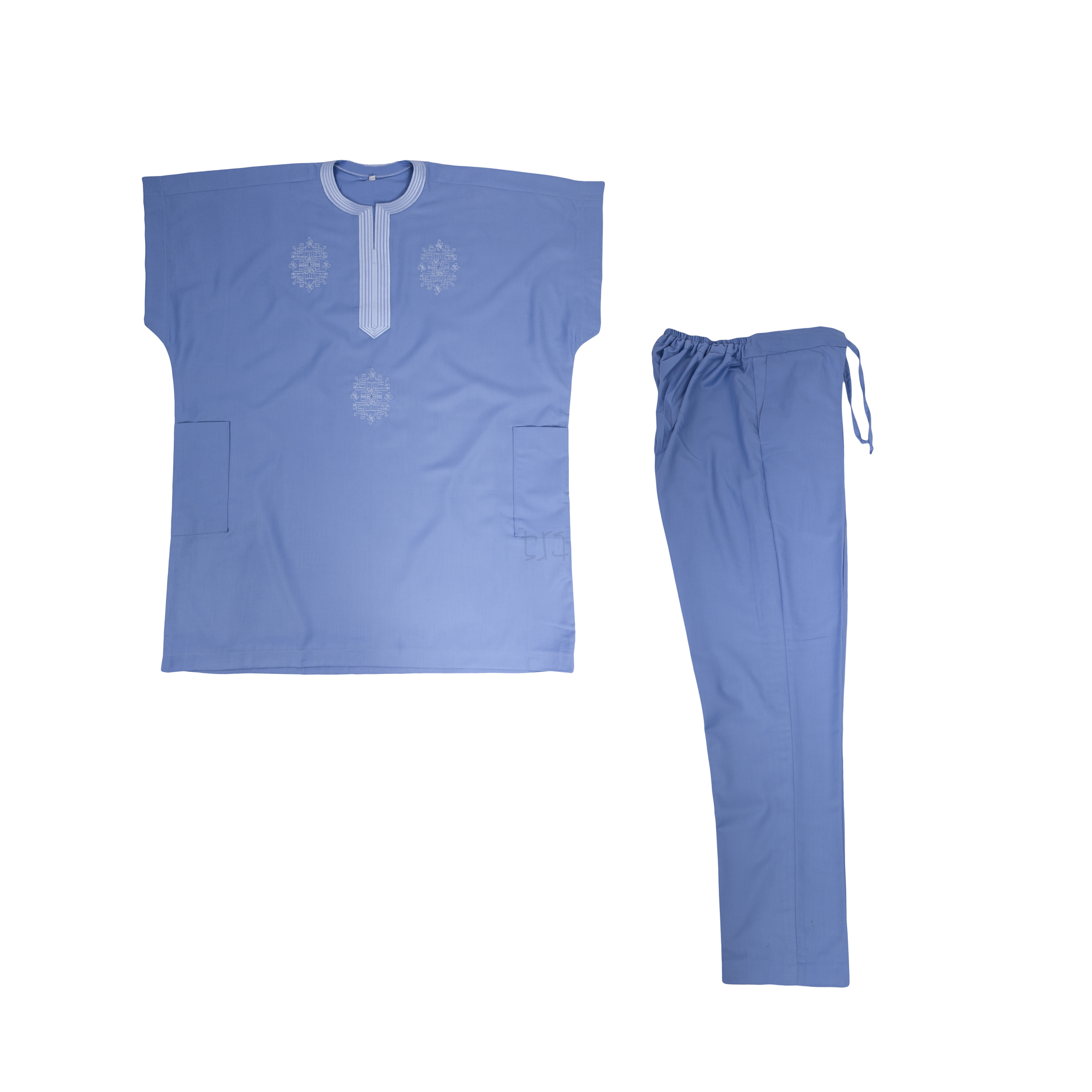 Light Blue Men's Embroidered Nigerian Cotton Tunic and Trousers Set w/Hat