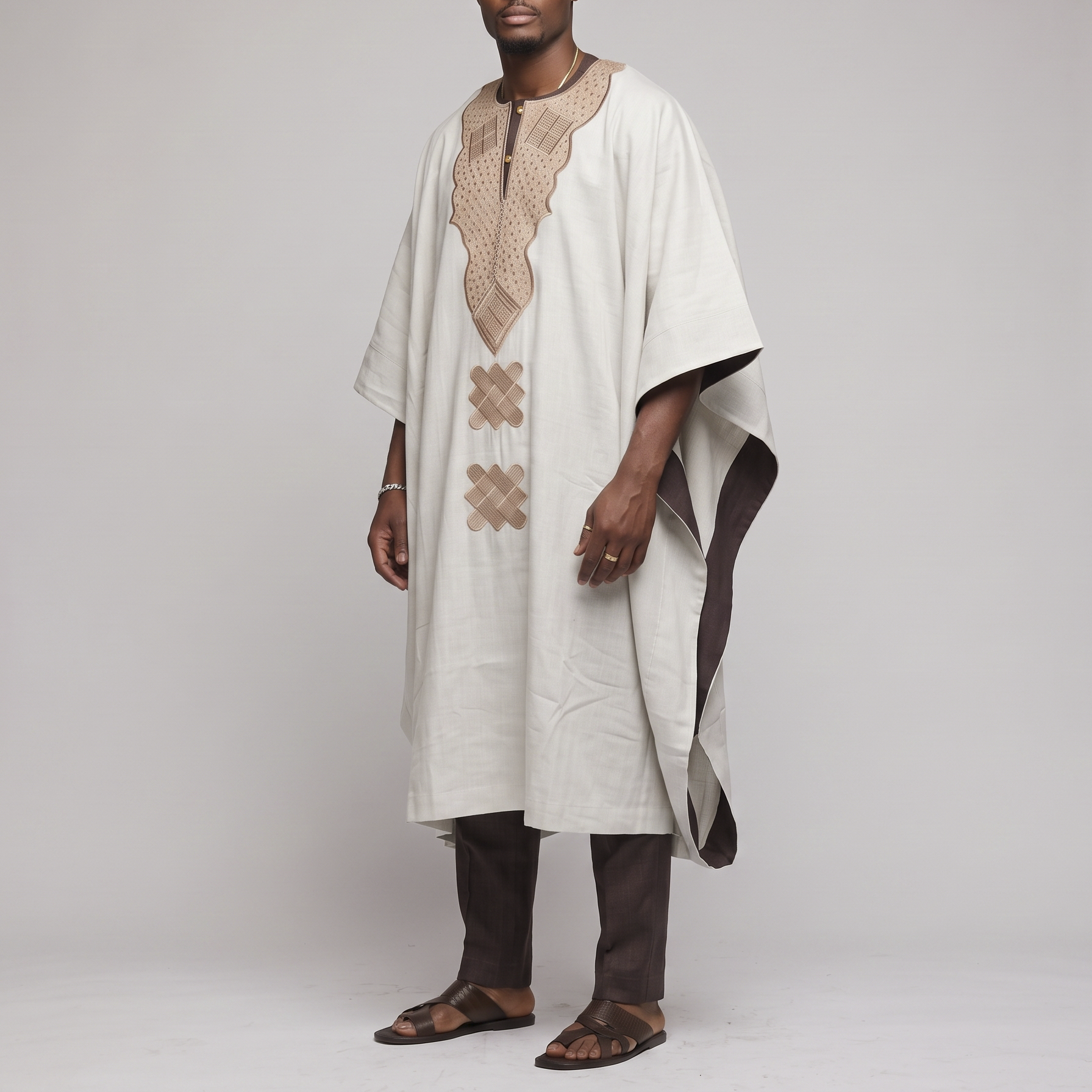 White & Brown Agbada 3pc Set