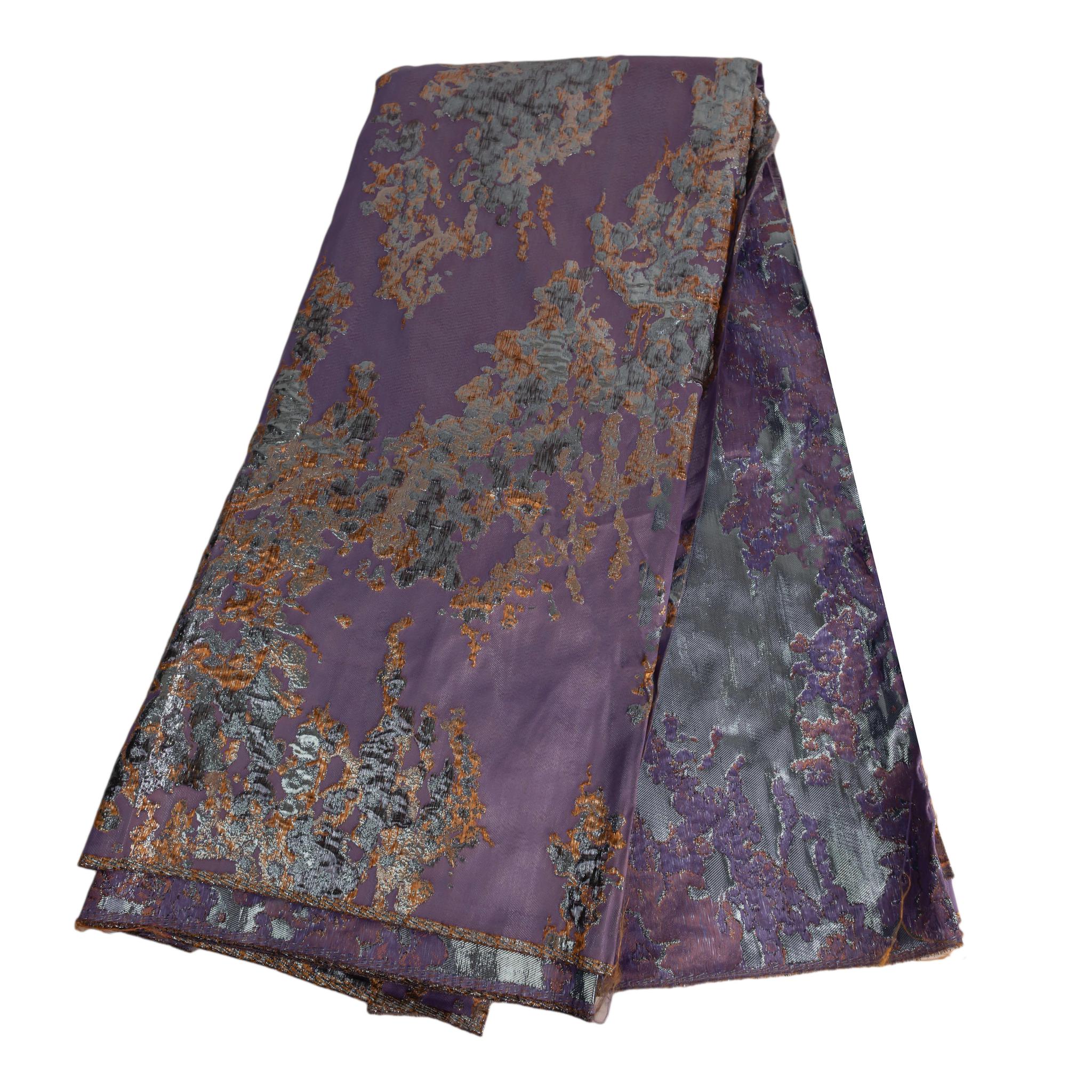 Purple, Gold & Grey Brocade Silk Fabric