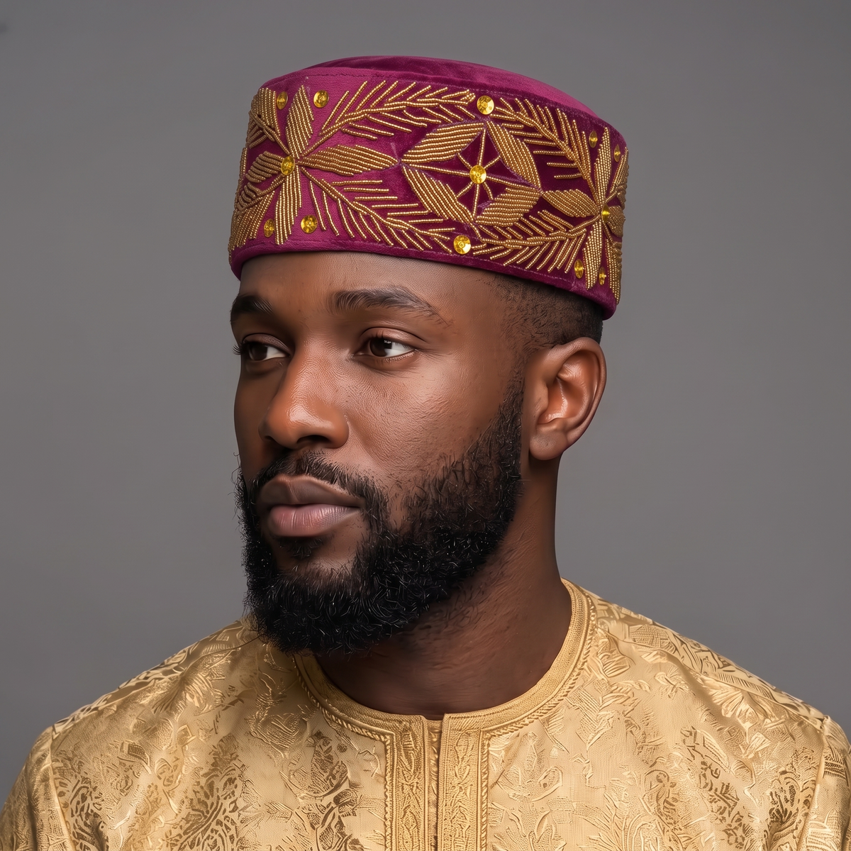 Burgundy Velvet Cap with Gold Floral Beadwork
