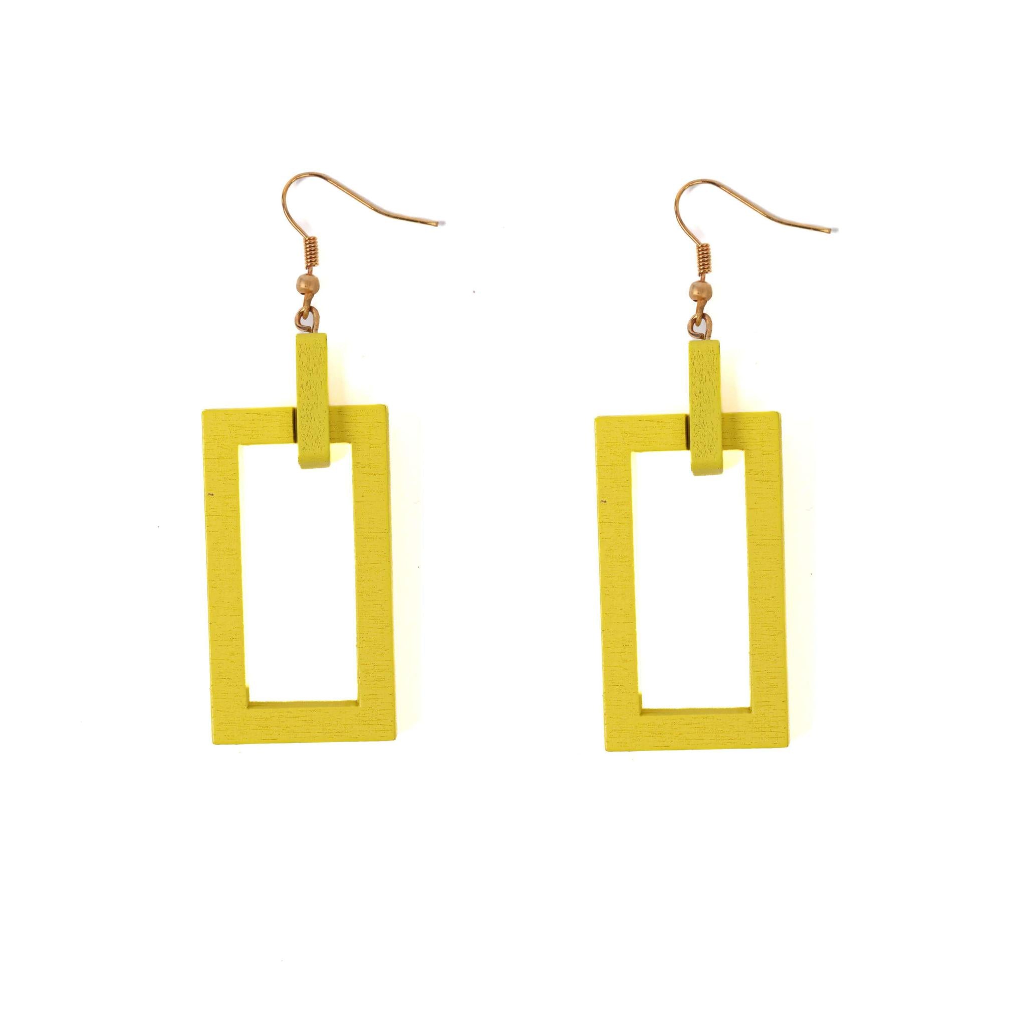 Yellow Square Shaped Drop Wooden Earrings