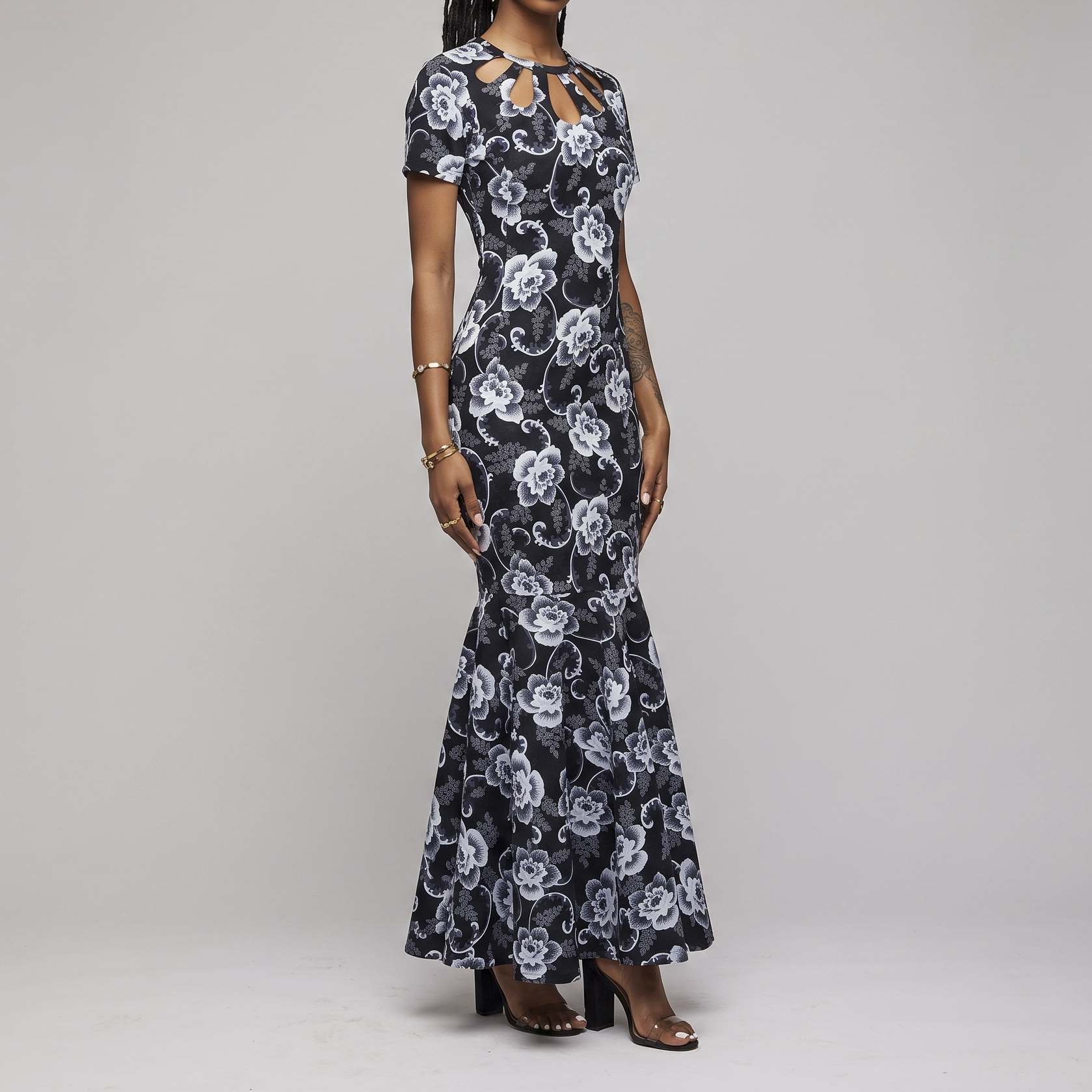 Women's Long Fitted Dress With Peplum Flair