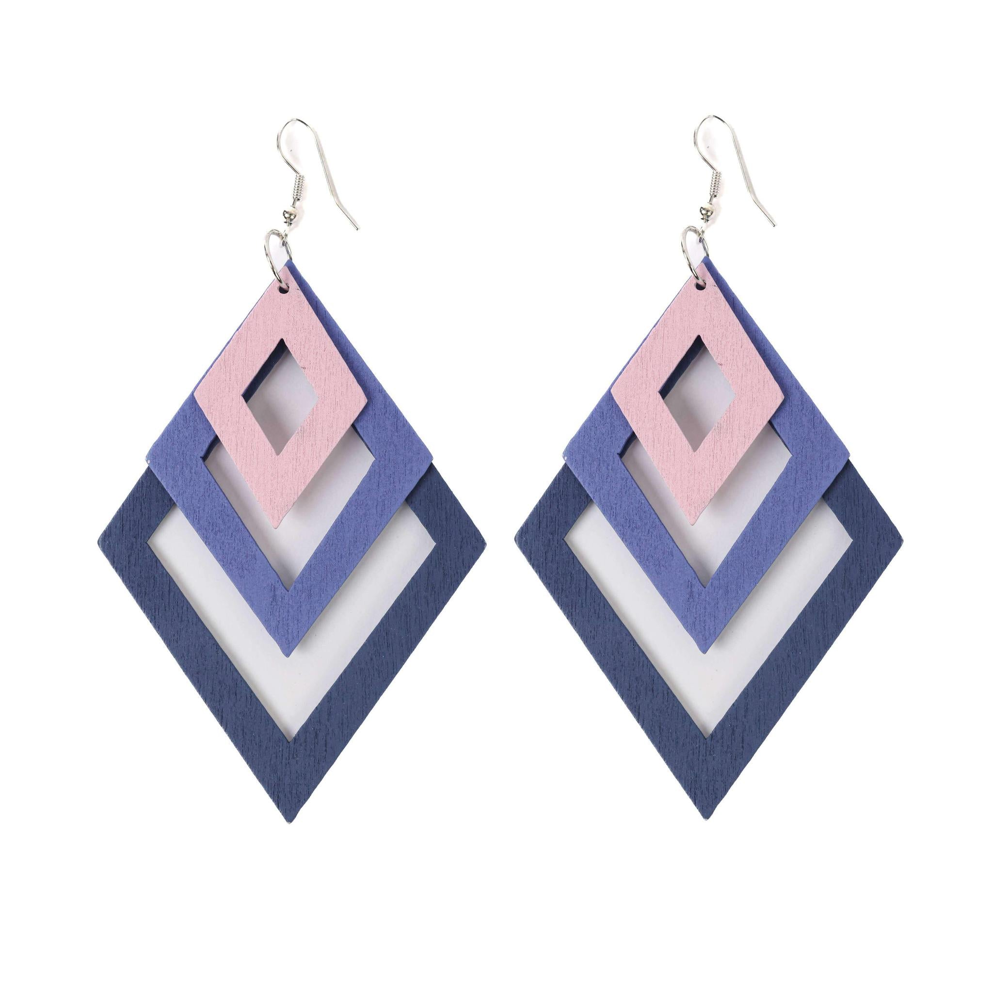 Tripple Layered Quadrilateral Wooden Earrings