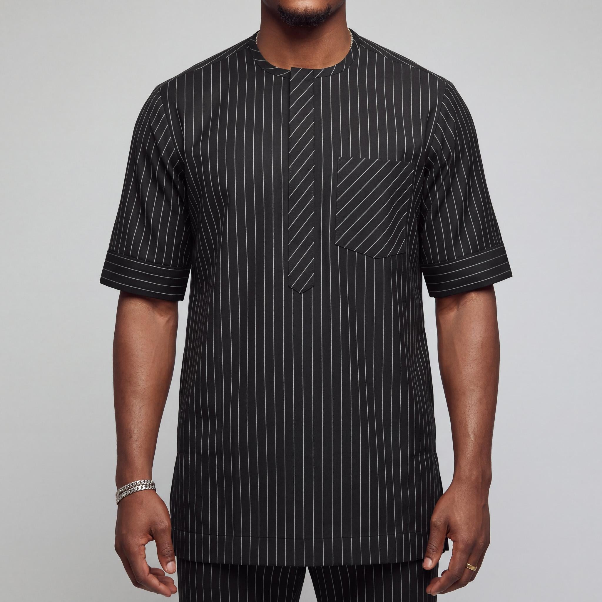 Black & White Pinstripe Modern Two Step Agbada Set