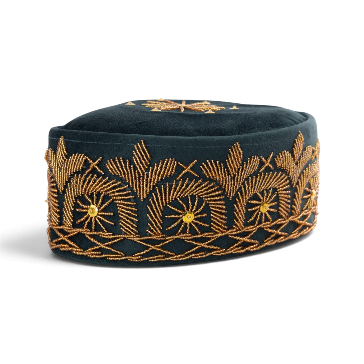 Hand-Beaded Nigerian Green Velvet Cap